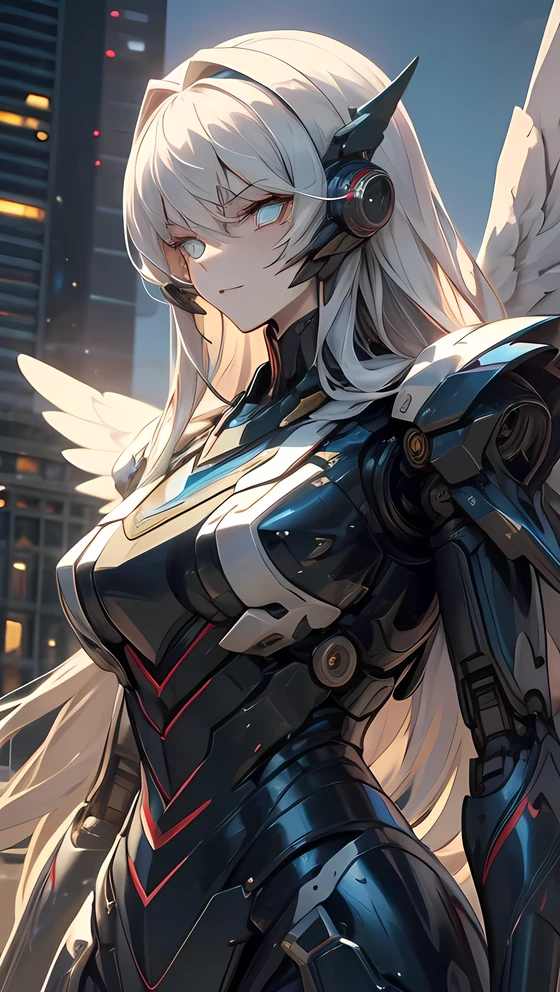 white hair, bangs, long hair, mole under eye, symbol-shaped pupils, cinematic lighting, chiaroscuro, textured skin, masterpiece, high details, super detail, A scene from a science fiction movie, A soldier who works in a city on a different planet from Earth. Wearing a functional bodysuit. The shoulders and arms are equipped with mechanical parts, young woman, black wings