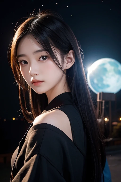 Japanese、21 years old、21 years old、A beautiful woman、A small defense satellite is flying around itself、The background is a dark night and 、