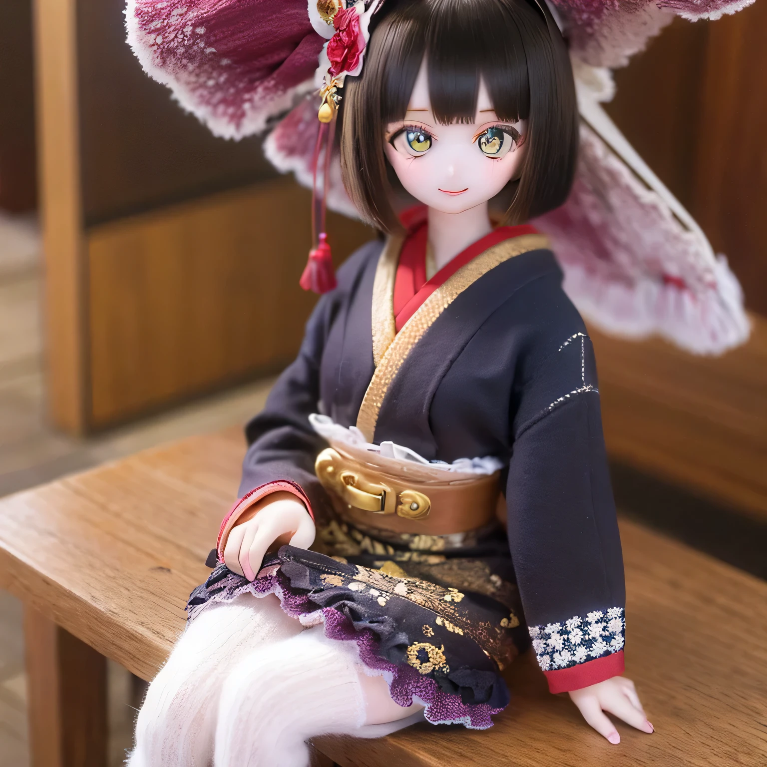 (Best Quality,High resolution,masterpiece:1.2), very detailed,Realistic,(Me in a kimono, BEAUTIFUL DETAILS ,Beautiful lips details, very detailed目と顔,Long eyelashes),Japanese Tradition,geisha,hairpin,Delicate embroidery,Floral,Sleeves flow,Harmonious colors,Soft lighting、Smiling face with a fan、Bobcut、 Black Hair 、(((High wooden clogs)))