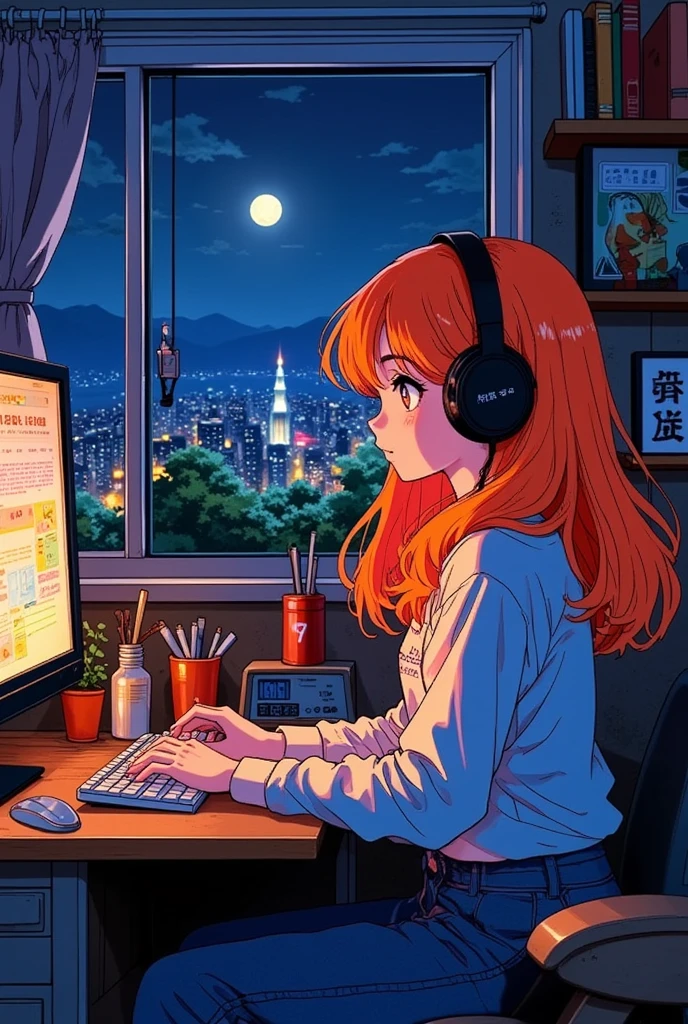 (masterpiece, best quality:1.2), 1girl, orgnge long hair, solo, look at me, lo-fi, headphone, in her room , girls room, on pc desk, window, city scape, moon, at night, type keyboad, off light, 