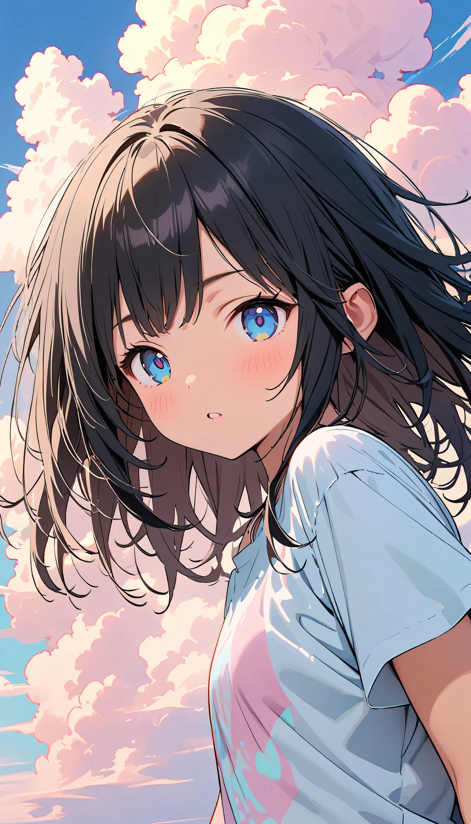 best quality, very detailed,  High Resolution, vibrant, masterpiece, best quality, Better aesthetics, a woman, supene, 8k, very detailed, beautiful goddess, Pastel colored clouds, pop art, delicate and dynamic, Pastel Color Fantasy, black hair, Young,  small breasts , official art, dynamic angle