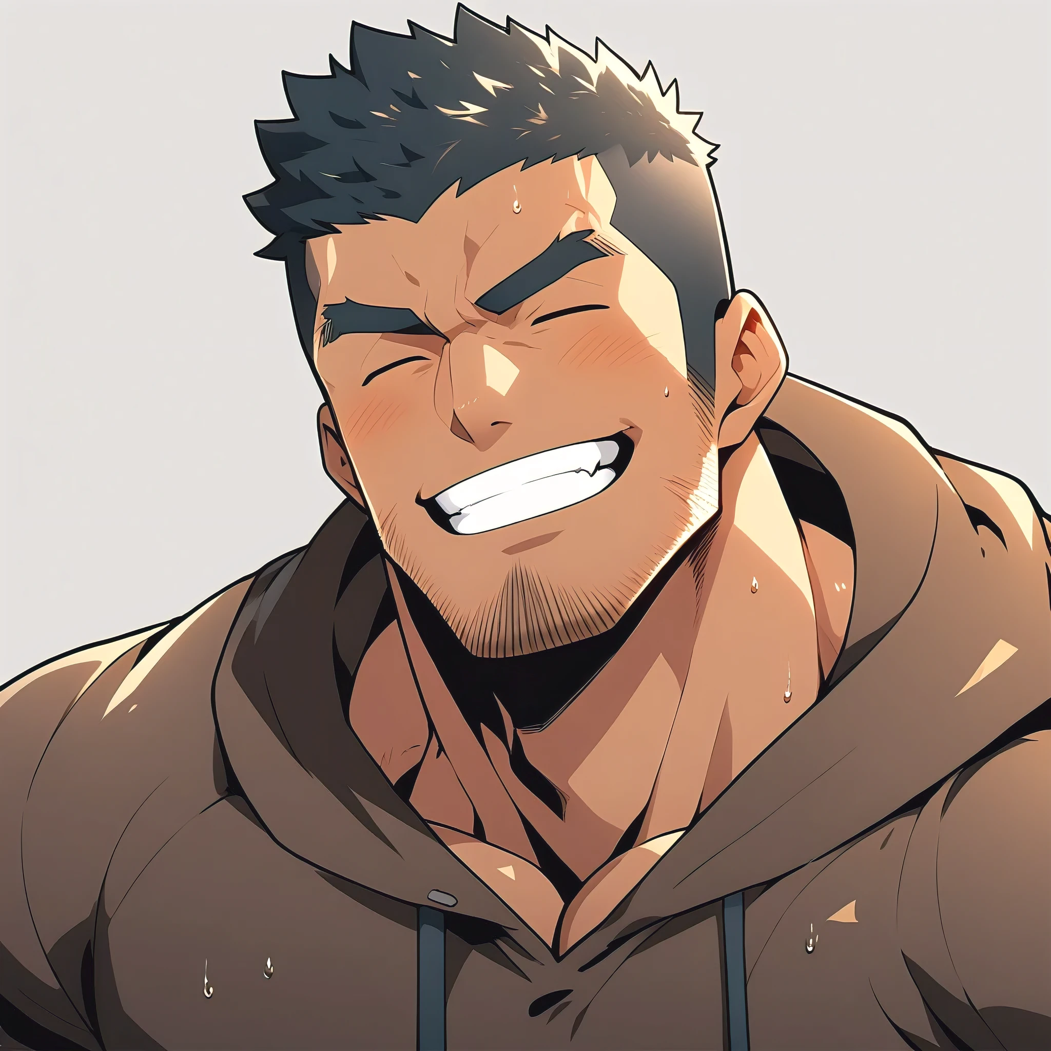 negro, anime characters：Gyee, Young Muscle Sports Sexy Teacher, sweat, negro black skin, Manliness, male focus, Brown long-sleeved hooded sweatshirt, Wear a black high-necked tights inside, Very tight, muscular male, muscular, only, Upper body, Brown short hair, Thick eyebrows, stubble, Grey background, simple background, amazing quality, best aesthetics, Ridiculous, bright pupils, crew cut, parted lips, Show your teeth, Embarrassed giggles, He smiled and narrowed his eyes, Squinting smile, best quality