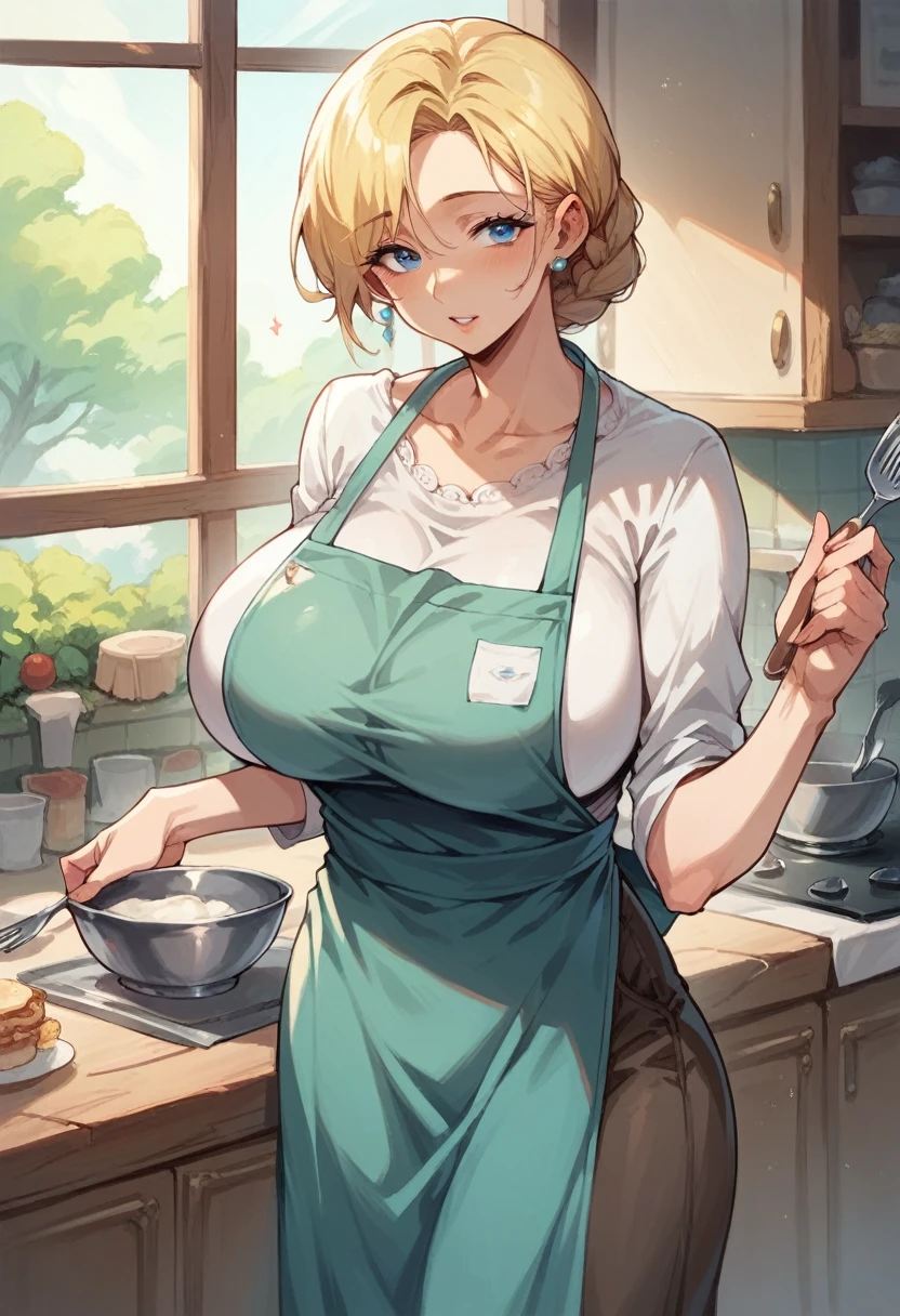 sexy woman, mature, big boobs, nude, pussy, nipples, curvy, blond hair, green eyes, slick back, short cut, ponytail hairstyle, sweating, smile, standing, house kitchen, indoor, kitchen objects, (best quality), (masterpiece:1.5)