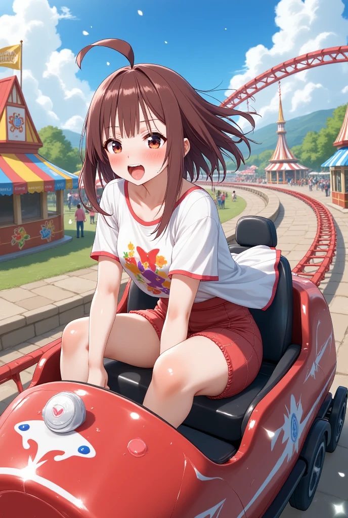 Anime style, Amusement park, a woman riding rollercoaster, enjoying happy, cheering,