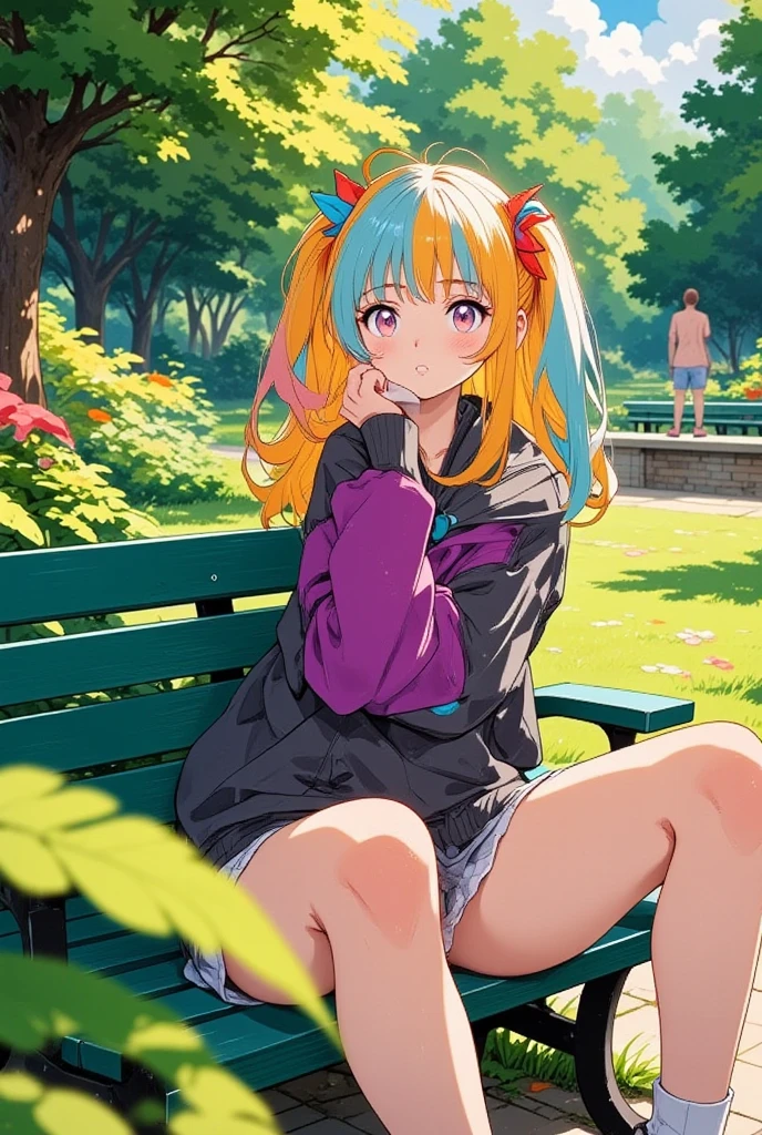 (masterpiece, best quality:1.2), 1girl,colorful long hair, solo, look at me,  in the park, sitting on park chair, 1980s anime style, 