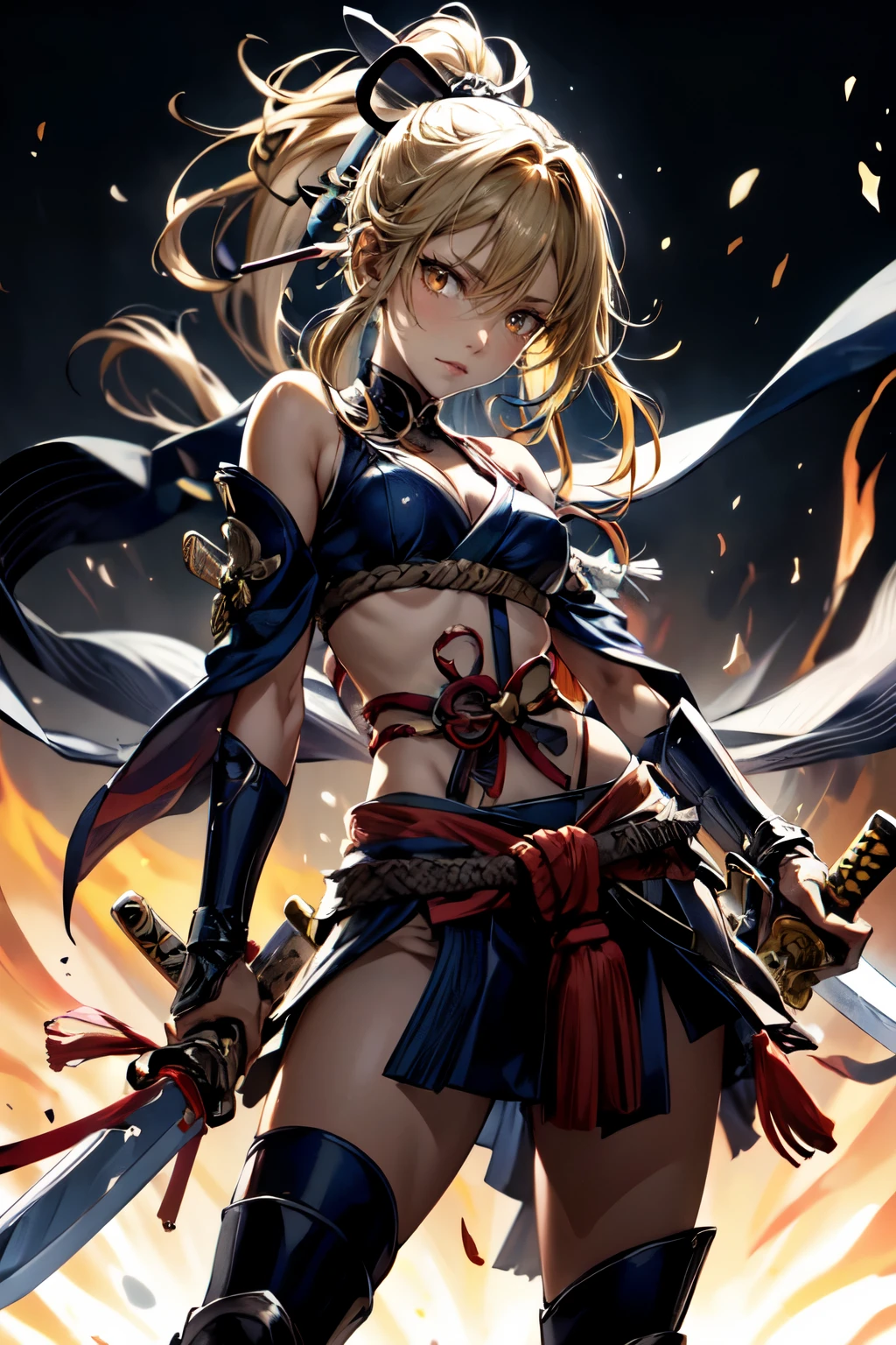 One Girl,anime,Anatomically correct, A series of character actions,,ponytail, masterpiece, Textured Skin, Action Painting, Heavy makeup, Brown Skin,Perfect Face,Perfect Eyes,samurai,samurai,Sengoku Warlordsの鎧,Waist Armor,A blow with a sword,Small breasts,Thin thighs,Combat with enemies,Calm expression,Flame Attribute,Yellow Hair,Sengoku Warlords,Battle of Sekigahara,Glowing sword effect,transparent sword