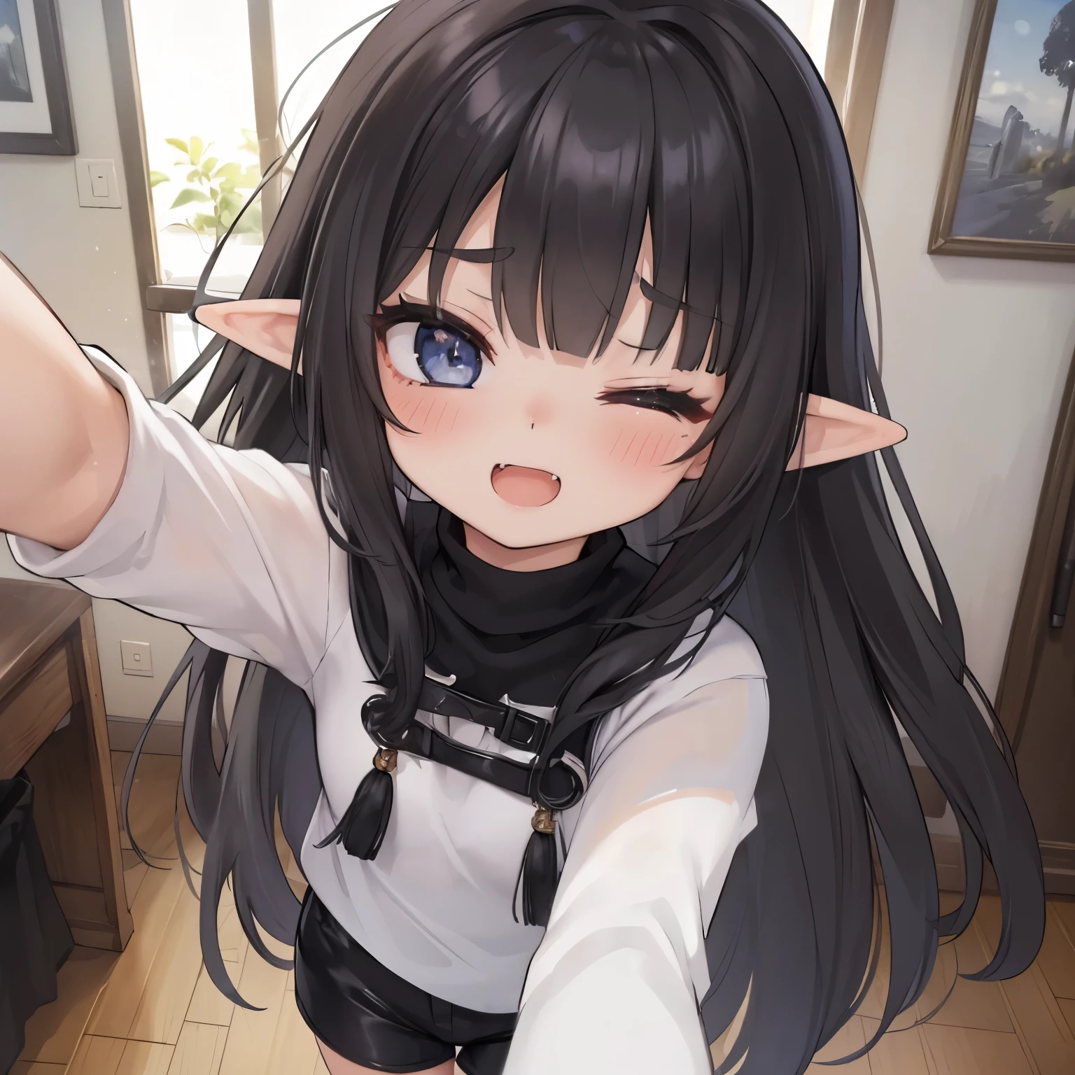 8K,(masterpiece),high resolution,best quality,(ultra-detailed),ultra detailed eyes,girl is elf,(black color hair:1.1),(inner hair color is white:1.5),(winking,one eye closed:1.3),(happy,shiny skin,earth eyes,long hair,elf ear),open mouth,(wear black fantasy coat and turtleneck shirt,short pants:1.1),(captures a mid-action selfie:1.6),in the room