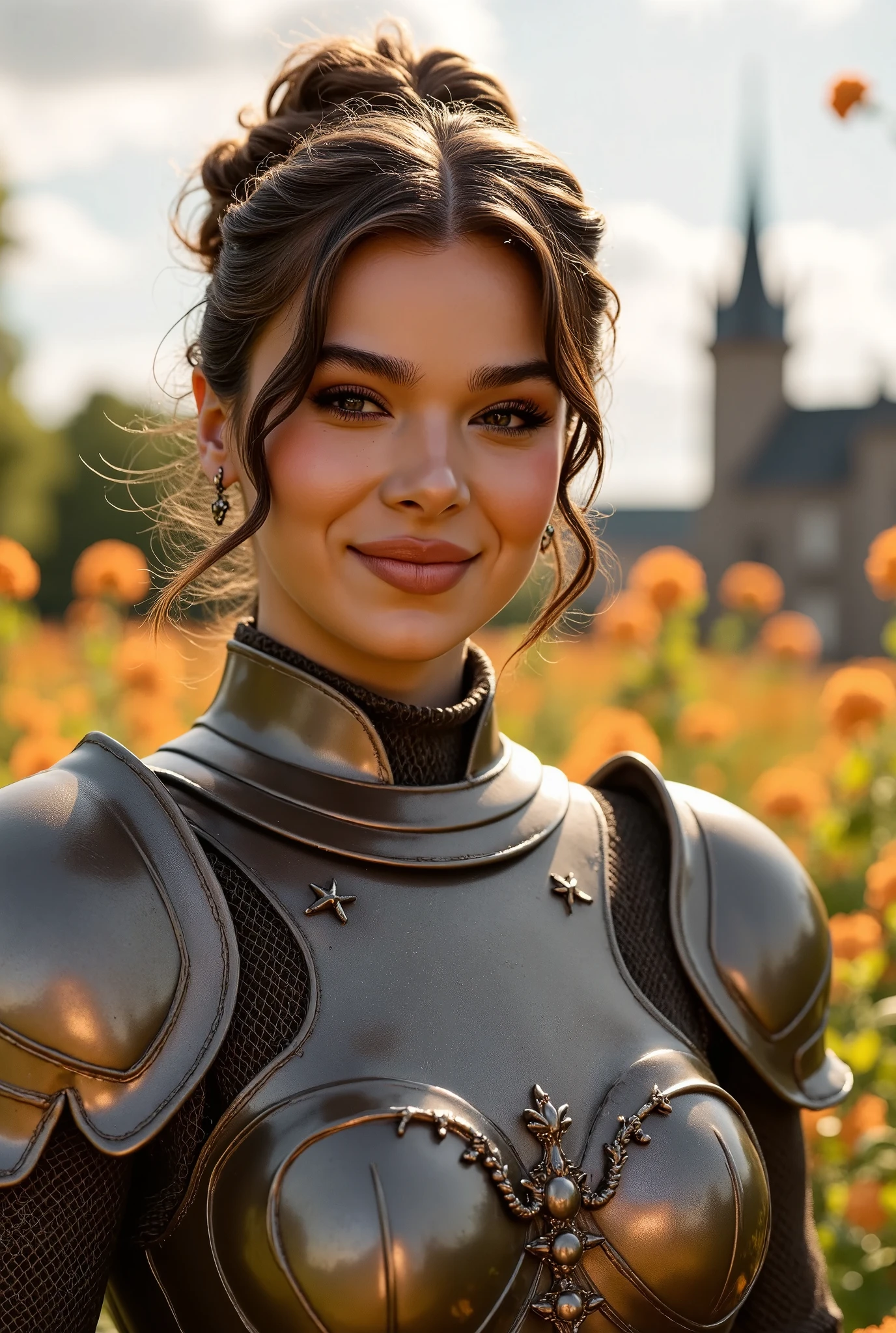 hailstnewv3, (masterpiece), (extremely intricate:1.3), (realistic), portrait of a girl, the most beautiful in the world, (medieval armor), metal reflections, upper body, outdoors, intense sunlight, far away castle, professional photograph of a stunning woman detailed, sharp focus, dramatic, award winning, cinematic lighting, octane render unreal engine, volumetrics dtx, (film grain, blurry background, blurry foreground, bokeh, depth of field, sunset, motion blur:1.3), chainmail