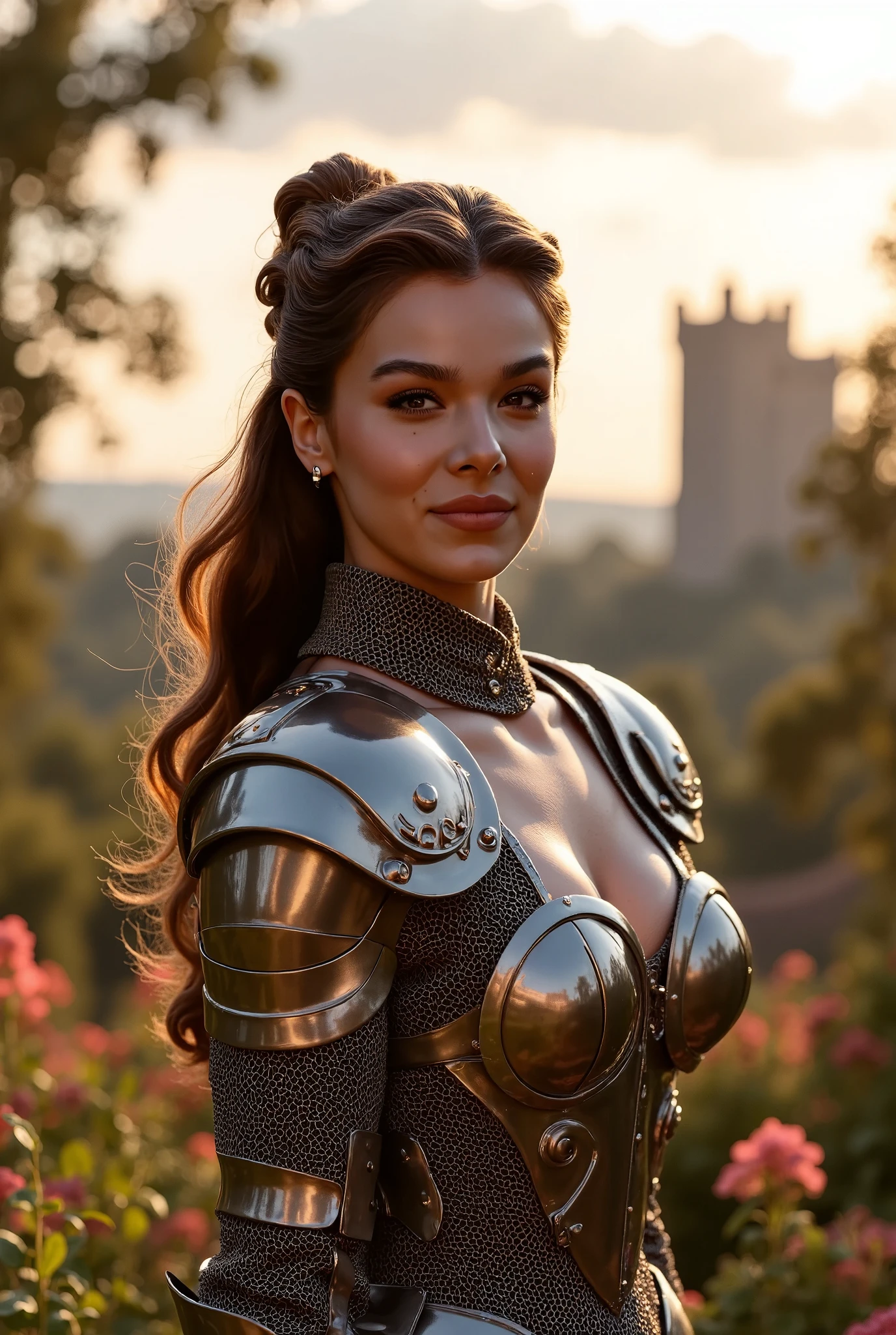 hailstnewv3, (masterpiece), (extremely intricate:1.3), (realistic), portrait of a girl, the most beautiful in the world, (medieval armor), metal reflections, upper body, outdoors, intense sunlight, far away castle, professional photograph of a stunning woman detailed, sharp focus, dramatic, award winning, cinematic lighting, octane render unreal engine, volumetrics dtx, (film grain, blurry background, blurry foreground, bokeh, depth of field, sunset, motion blur:1.3), chainmail