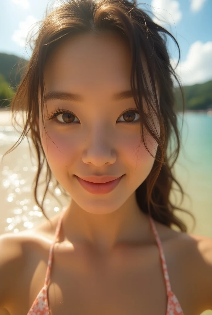 A half-naked Japanese woman on the beach with a penis sticking out of her face