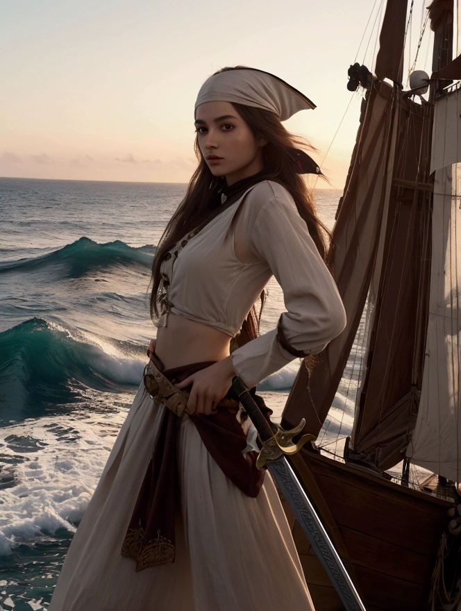 ((best quality)), (detailed), perfect face, extremely beautiful female pirate, cutlass raised, outfit is old and worn, her ship is on fire, the sun is setting in the horizon,