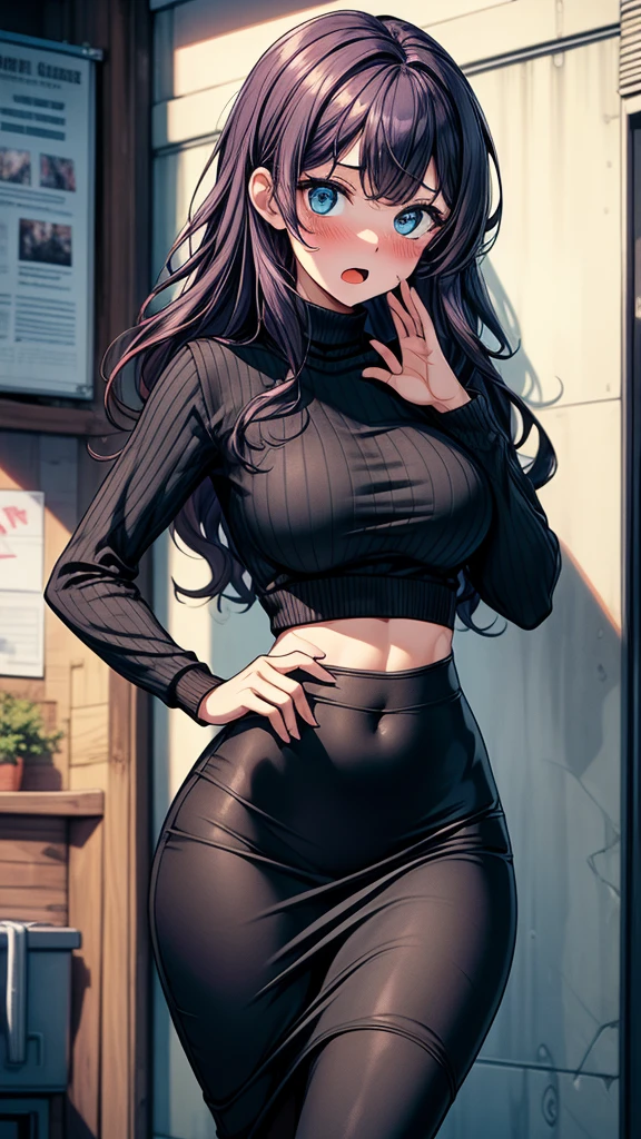 anime, 28 year old woman, taking a selfie, mischievous smile, long hair, dark hair color, stylish hairstyle, side hair long lush hair, long curls of hair pulled to the sides, Braids within the hair, curvy body, proportional body, sexy girl, beautiful mature girl, lovable character, crop top, short skirt, clarity, detailed, detailed face, very detailed drawing, smile, flirty look, city background, saturated background, perfect composition, soft natural volumetric cinematic perfect light, masterpiece