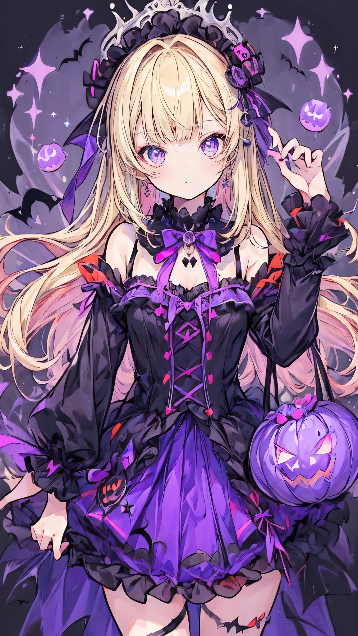 (masterpiece、Highest quality、Very detailed))、One girl、Pink Hair、Long Hair、blunt bangs、Pink eyes、evil smile、((Small breasts))、Witch Hat、((Halloween Costumeiniskirt))、thighhighs、Cowboy Shot、((night))、Graveyard Background
