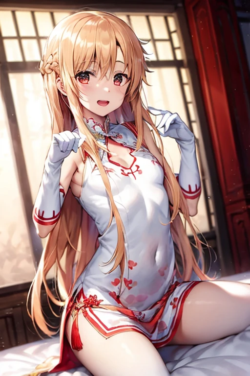 ((Best Quality)), ((masterpiece)), (be familiar with), Perfect Face, indoor, bedroom, Watching the audience,
One woman, Yuuki Asuna,
Open Mouth, Ecstatic expression, blush, smile,
Small breasts,  flat chest, , , child, Girl,
Long Hair, Long Hair,
Leg spread,