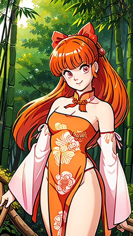 (Teens:1girl: Blossom), (extremely detailed CG unit 8k wallpaper),(master part), (best quality), (ultra detail), (best illustration),(digital art), standing, neutral pose, cowboy shot, (Sharp eyeliner, ombre, detailed eyes:1), bamboo forest, outdoor, ,break , (takahashi rumiko), upper body, (smile,(chinese dress), cleavage,bare shoulders,detached sleeves,bare legs, thongs), smile, (orange hair, blunt bangs, pink eyes:1.2), (hair bow, red bow)