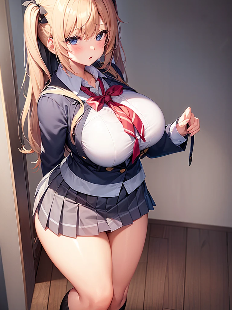 ((highest quality、High resolution、Highly detailed CG Unity 8K wallpaper))、detailed face、perfect body、unparalleled beauty、beautiful breasts、open your legs、Embarrassing erotic smile、((She lifts up her skirt and shows her no panties up close))、Love juice dripping from the vagina