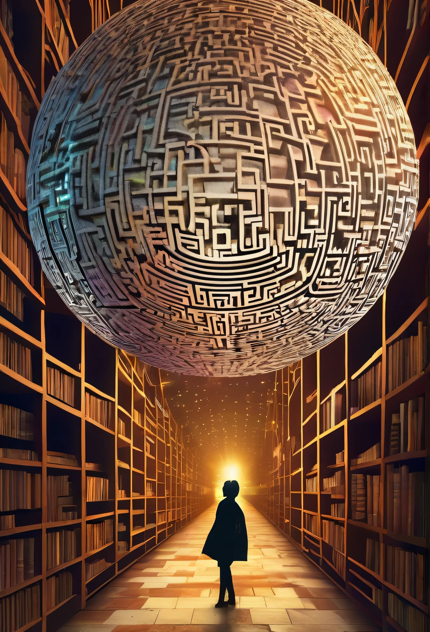 professional image, professional lights,  ai drivenl maze, the text is "Infamous Genesi NM", a strange maze made by book pages, lost and forgotten, hypnotic, inside a sphere
