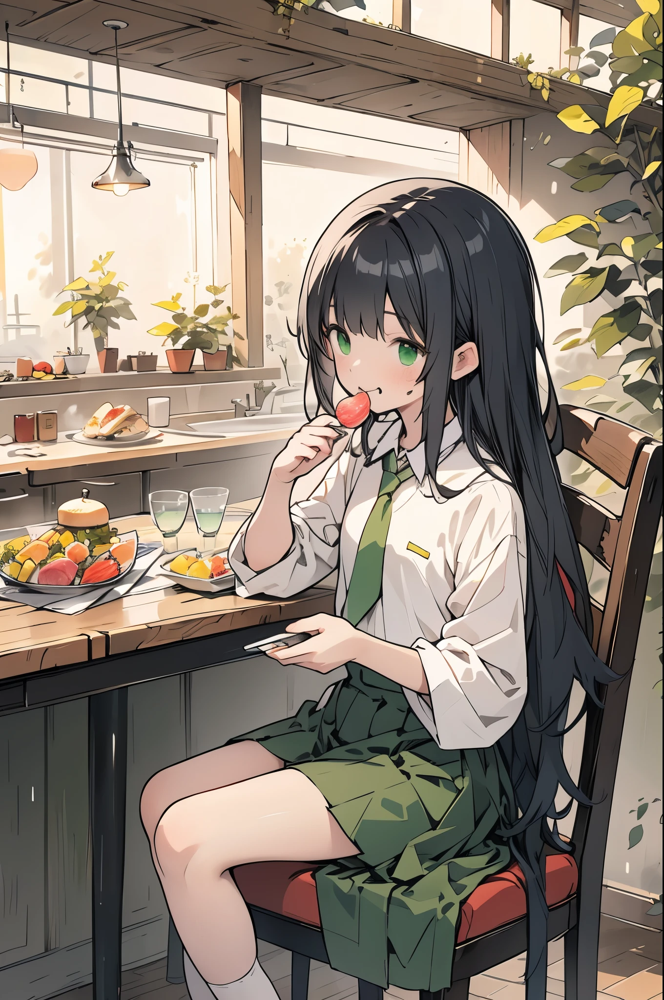 ((Best Quality、8k、masterpiece:1.3)),Japanese anime style,people々girl,1people,1peopleで,((Petite,Glamorous Body,curve)),cute,Grinning,((Beautiful long black hair))Beautiful emerald green eyes,(((White blouse,Green tie,Green mini skirt))),((Black socks, loafers))),(((Lots of sweets etc. lined up on the dining table,Eating while sitting on a chair ))),