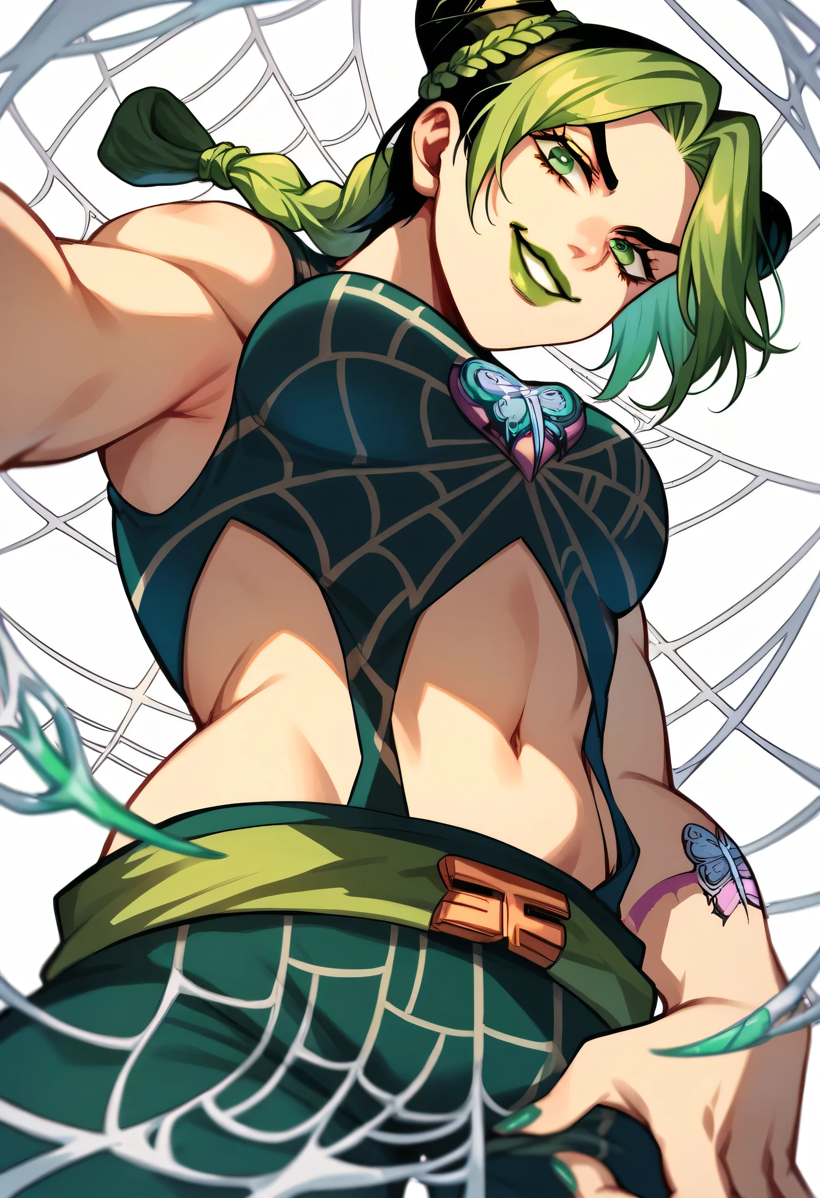 Jolyne, view from below, looking at camera, tall, smiling, green eyes, two-tone hair, green hair, black hair, double bun, braided bun, braided ponytail, green lips, lipstick, make up, green nails, nail polish, spider web print, midriff