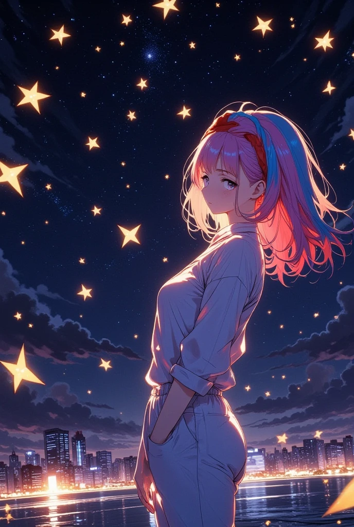 (1980s anime style with perfect light detail), 1girl,colorful long hair, solo,In the midst of a surreal vision, a beautiful woman stands illuminated by soft backlighting, her hair dyed in multiple vibrant colors, glowing softly against the dark backdrop. Surrounding her, countless ethereal fireflies rise, creating a mesmerizing and otherworldly scene. The dark void is filled with delicate indirect light, giving the scene a dreamlike quality. The lighting reflects photon mapping, enhancing the soft glow and subtle reflections. She wears a high school uniform, further intensifying the contrast between reality and illusion, while the entire composition captures the essence of a fantastical masterpiece.