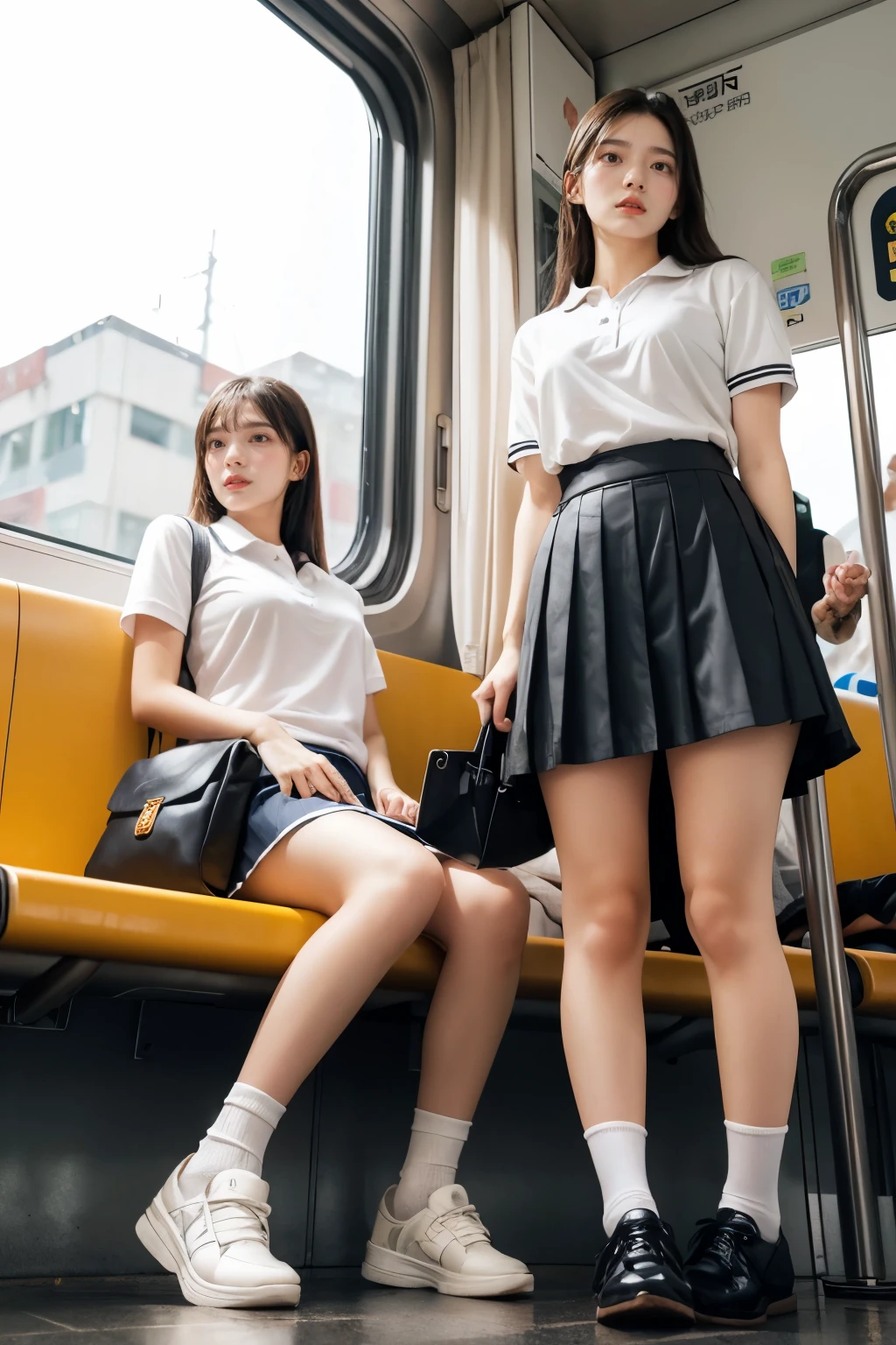 heavy rain, Soaking wet, Long Hair, bangs, (Two Girls:1.2), skirt, Brown Hair, shirt, Black Hair, Short sleeve, Brown eyes,  Long Hair, sitting in Train seat, white polo shirt, pleated skirt, Open clothes, shoes, socks, Striped, collared shirt, Hands behind back, bag, Pantyhose, Brown footwear, , school bag, Wet, (From below:1.2), (Plump breast)