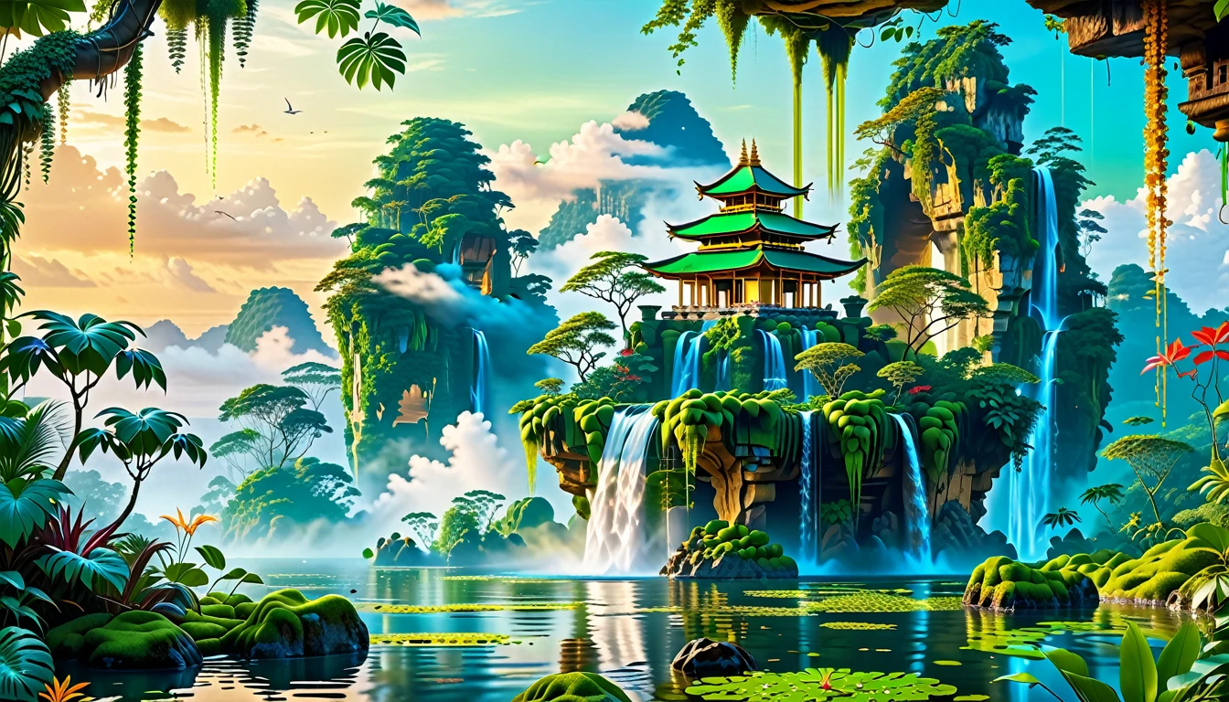 A Masterpiece In 32K Resolution, Supreme Quality, Super Detail, Official Art, Very High-Resolution 32K Wallpaper, Beautiful And Aesthetic, Ultra-Detailed Features, Awe-Inspiring Detail. Floating Islands Hover Above A Dense, Vibrant Rainforest. Waterfalls Spill Into The Thick Greenery Below, Where Exotic Animals Roam Freely. The Sky Is Painted With Shades Of Green And Gold, And Vines Hang From The Floating Islands. Glowing Form Illuminating The Surrounding Plants. In The Distance, A Towering Temple Made Of Moss-Covered Stone Rises From The Jungle.