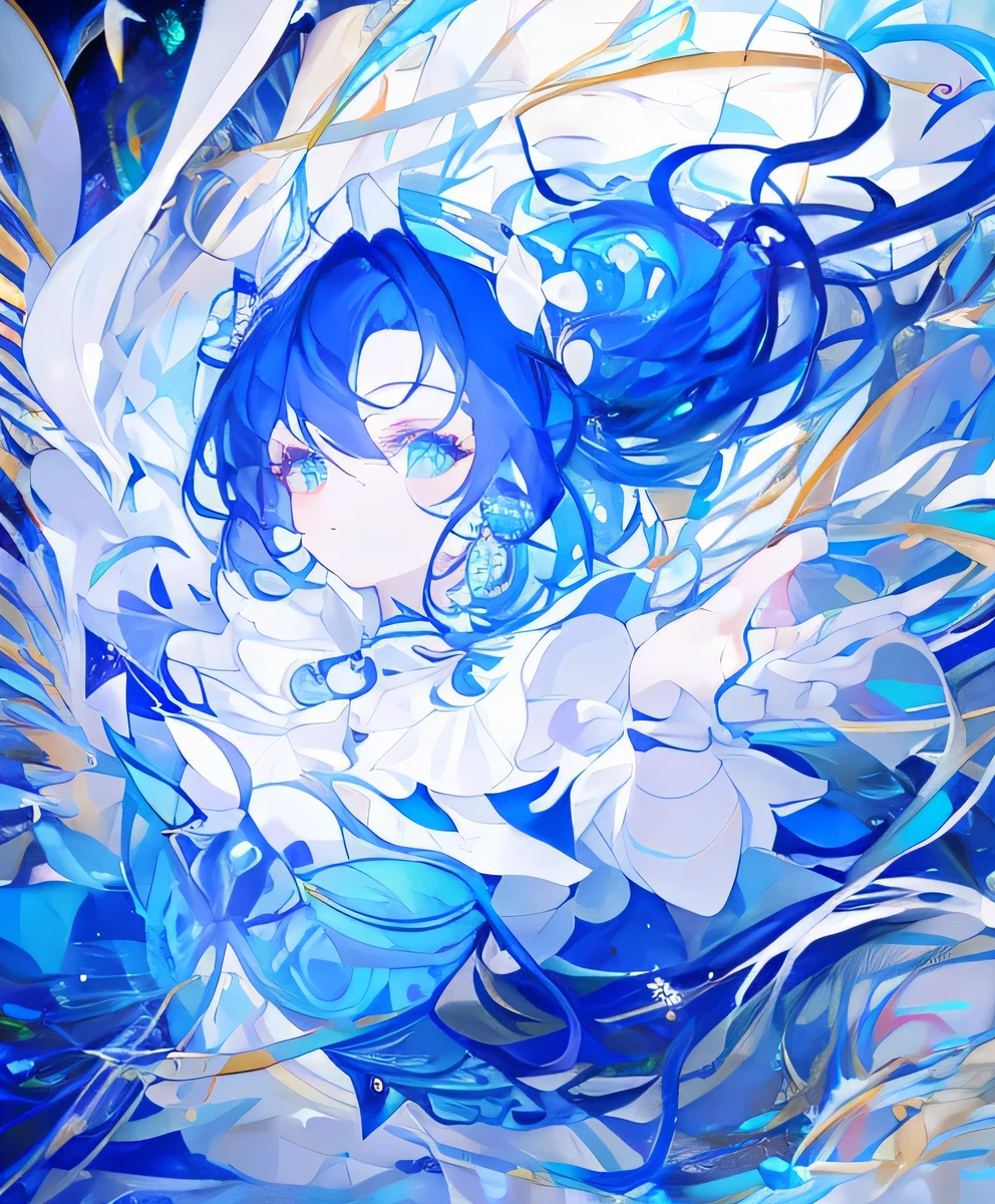 masterpiece,official art, Unified 8K , Super detailed, beautiful Beauty, beautiful, masterpiece, Girl, White Hair Blue Color , Blue Eyes on One Side, Super Complicated Details ,Blue,Water Flow,Water Drop, Best Quality , (Winding painting, mandala, Tangled, 絞), dynamic angle, The Most beautiful Chaotic Forms, grace,, Brilliant Color ,Colorful,cute,Seven Avatars, Elegant Blue and White Dress ,White gloves,Watercolor style