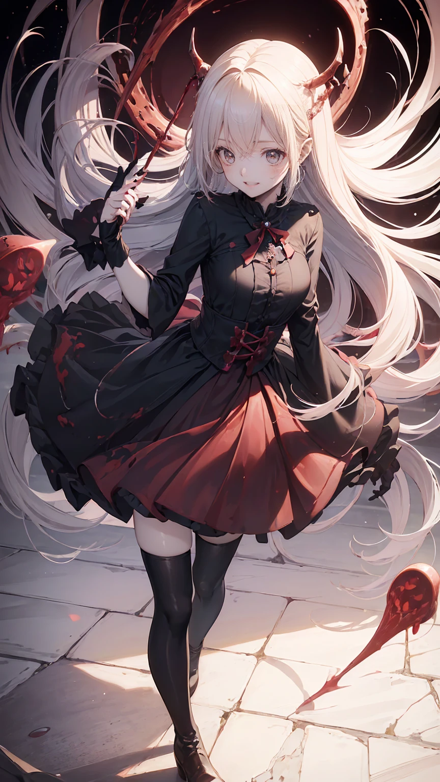 Shaded face　、beautiful girl、とてもcute天使、Pink Gothic FaShion、cute、baby face、Smile、Long Skirt、Black long bootS、.(HigheSt quality,4K,High reSolution,maSterpiece:1.2), very detailed,RealiStic:1.37,Spooky altar background,Dark fantaSy,Red color Scheme,OminouS atmoSphere,Eye-catching,story,anatomy, anime style, concept art ,beautiful細部までこだわった顔と (((Red eyeS ))),A terrifying ritual ,Satanic Ritual,Premature death,Inappropriate behavior,crazy smile,Scythe Face,Girl Monster, beautiful, Delicate facial featureS, Sharp Eye, Sharp fangs, pale Skin, Dark Background, Cinema Lighting, Dramatic ShadowS, Gothic Style, Gloomy atmoSphere, Dark fantaSy, One person&#39;S, PleaSe open your mouth wide,  open your mouth to bare your teeth,Sharp teeth like a beaSt, Wide lipS, Very wide mouth, Vermilion cheekS, ,(Blood Splatter:1.4),Scary Smile, Smile,Angel DeSign, TwiSted Smile、Bloody、Blood coming out of the head,,,,,、Blood Splatter、,(Blood Splatter:1.4),Skull,Devil&#39;s Spear,Horror Style, ((FantaSy Sweet Ta Frill Pink CoStume)), ((Flowing blonde hair)), ,(Blood Splatter:1.4),Female curveS, Sexy flat Stomach, Perfect handS, Perfect anime face, (Pink Tata DreSS)), Are Standing, ((Evil smile)), ,(Blood Splatter:1.4), Steam circulateS, Moonlight Illumination, night lighting, (Blood Splatter:1.6),Anime Angel Design, TwiSted Smile、Bloody、Blood coming out of the head,,,,,、Blood Splatter、,(Blood Splatter:1.4), Skull,Gothic architecture、WeStern architecture、FantaSy World、,Victorian citieS, Skeleton GaS Light,Absurd, High reSolution、 ((Tabletop)), ((HigheSt quality)), ( very detailedな), (( very detailed)), (beautiful), ((cute)), (NFSW:1.8), Alone,(:1.6)、(world&#39;The moSt terrifying and creepy demon girl:1.5)beautiful face、Full body Ezbian、pale, beautiful肌、beautiful金の髪、Smile gently、Dark building ruinS、(Snow white&#39;Frill dreSS:1.3)、(The dark ruinS are Stained with blood:1.3)、Low angle full body Shot、(The girl is standing in a pool of blood:1.5)、(The ground iS :1.3)、(The girl loSt a lot of blood....:1.3)、(crazy smile:1.6)、SpiritS、(Blood dripping from the mouth:1.3)、
