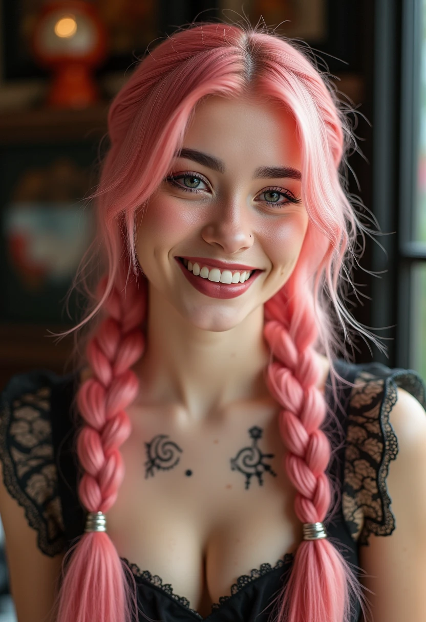 Portrait of anie, analog photo style, Beautiful young woman, posing, with freckles and long pink hair braided, (steampunk dark fantasy atmosphere), anie has a radiant smile, soft natural light, cute and sexy, great quality, Masterpiece, detailed strange background, better performance, 16k quality, RAW photo