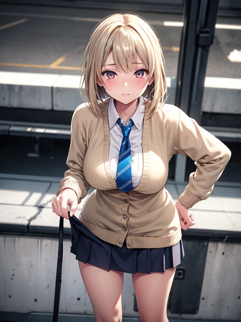 (Very detailed CG Unity 8K wallpaper),(masterpiece), (Highest quality), (Very detailed), (Best illustrations),(Best Shadow), Large Breasts,,Leaning forward、White blouse,Blue tie,Checked mini skirt（With white panties、Showing your audience）,Beige cardigan,Dynamic Angle