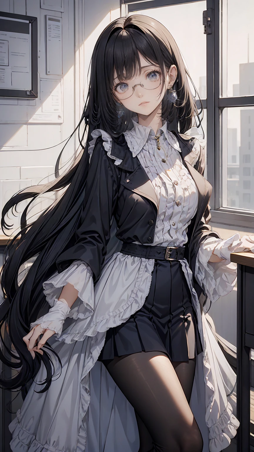 Black Hair, bangs, Hair behind the ear, Very long hair,  jewelry , Earrings, masterpiece,  textured skin,  detailed , Best Quality, Adult female, High school teacher, Wear a jacket, Dark Blue Suit, White blouse, Tight skirt,  mature woman, Good drawing, Standing alone in the classroom, During class, Glasses
