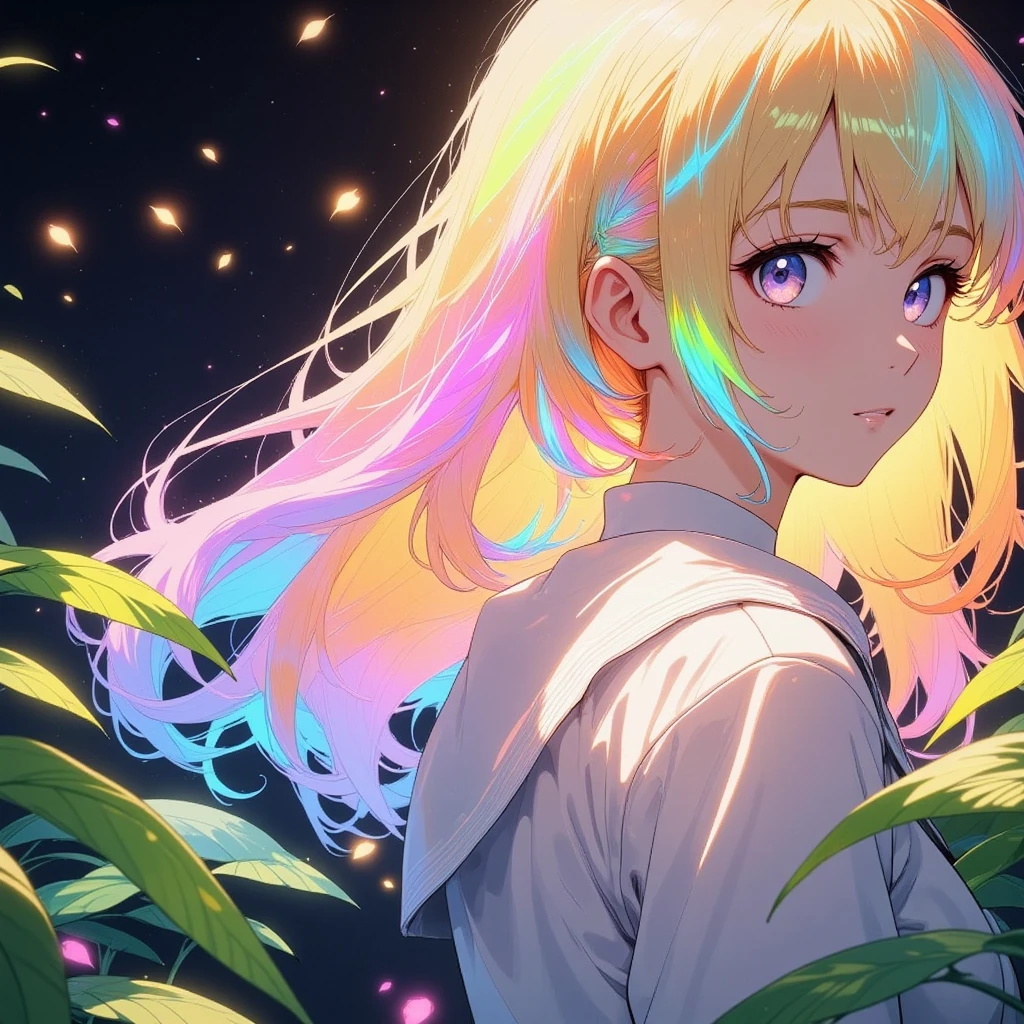 (1980s anime style with perfect light detail), 1girl,colorful long hair, solo,In the midst of a surreal vision, a beautiful girl close-up,face close up illuminated by soft backlighting, her hair dyed in multiple vibrant colors, glowing softly against the dark backdrop. Surrounding her, countless ethereal fireflies rise, creating a mesmerizing and otherworldly scene. The dark void is filled with delicate indirect light, giving the scene a dreamlike quality. The lighting reflects photon mapping, enhancing the soft glow and subtle reflections. She wears a high school uniform, further intensifying the contrast between reality and illusion, while the entire composition captures the essence of a fantastical masterpiece.