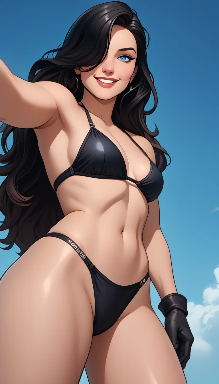 score_9, score_8_below, zatanna zatara, black hair, long hair,  blue eyes, (Hair covers one eye:1.1), ,exposed legs,thick thighs,gloves, black bikini, Knee high, shiny oily skin , Selfie,focus only,  half-closed eyes , smiling,  low angle portrait, blue sky,detailed, perfect face, corpo detailed,
