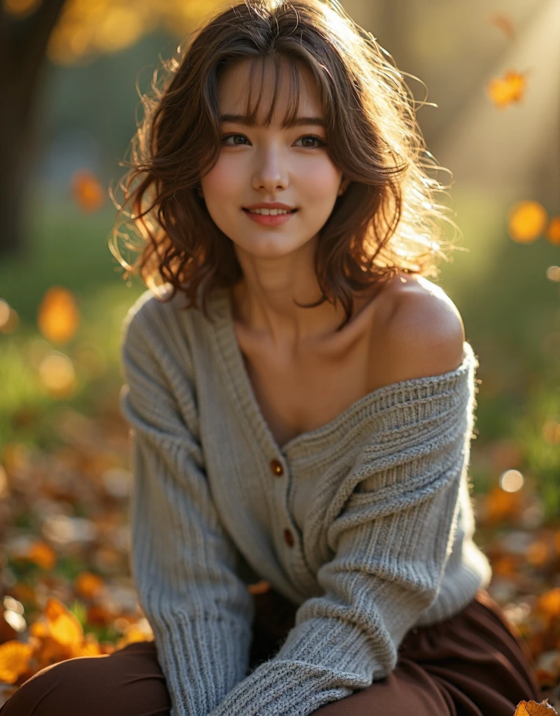 ((top-quality、8K、masuter piece:1.3))、(女の子1人:1.8)、Beautiful woman with slender abs:1.3、Crystal clear white skin、(Highlight Haircuts:1.3)、(Breast D Cup:1.3)、(cleavage of the breast:1.9)、(Chest exposure:1.9)、(off shoulders:1.5)、(Tight knitwear:1.7)、(hyperdetailed face:1.3)、(A detailed eye:1.3)、二重まぶた、A half body、with autumn leaves in the background、Cinematic、ssmile、No bra、(Erotic:1.5)