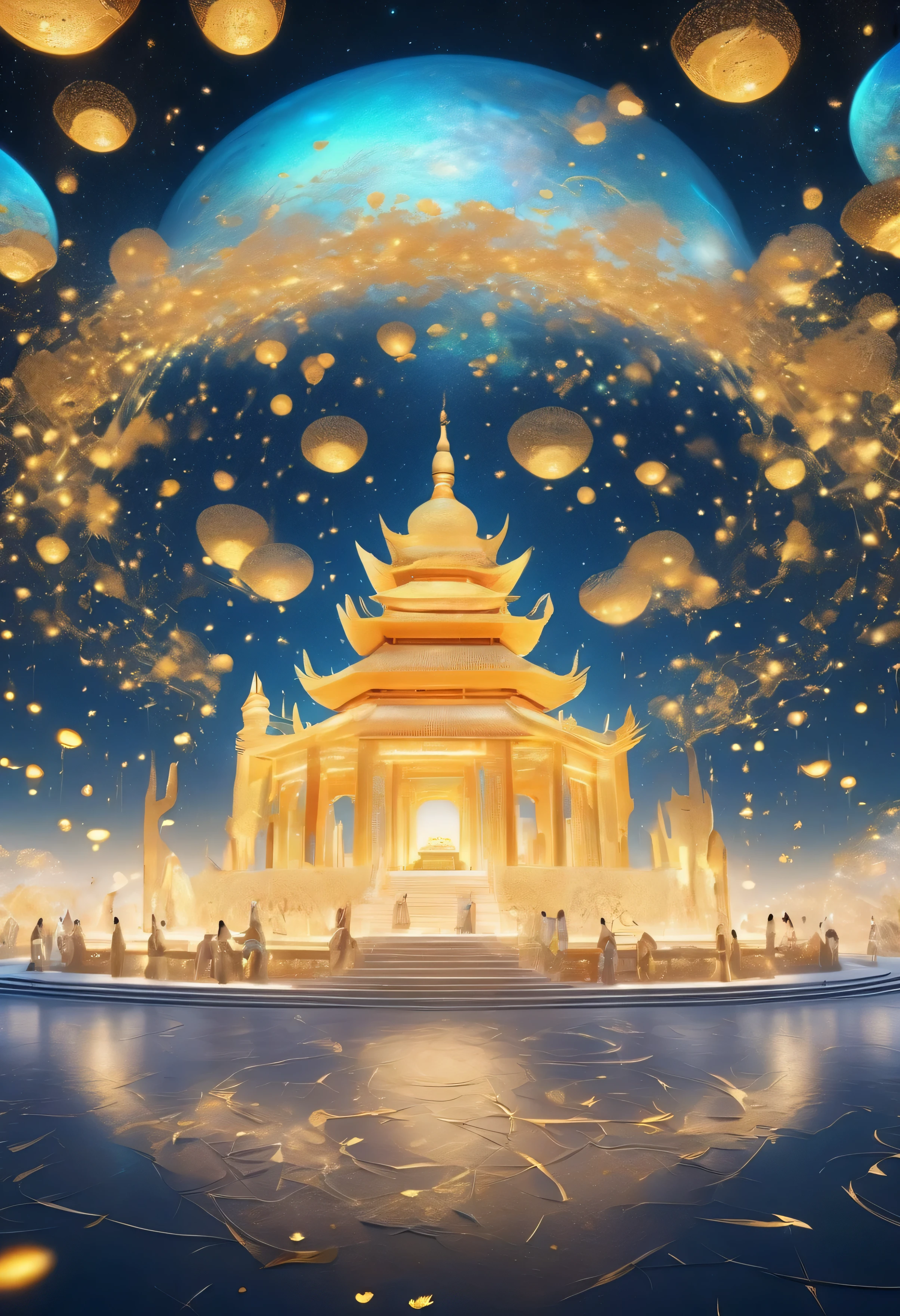 Fifty pictures from the ground to the sky,Surrounded by stars,Ancient mysterious atmosphere。3d rendering,The artistic colors of Dunhuang,Radiate Zen,。Golden text,Small figures in flowing clothes,Circular layout,Mysterious atmosphere,Gorgeous,Bioluminescence,dome light,Romantic ancient style,Dazzling light and shadow。