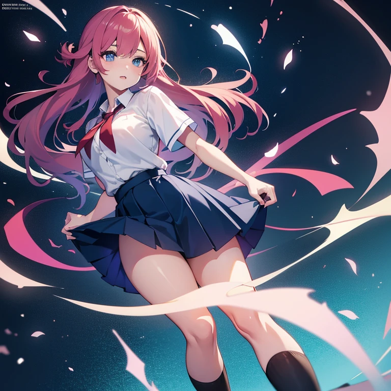 A young woman with long light pink straight hair down and some cute ribbon hair clips, pink eyes, big boobs, showing her panties with a short skirt and wearing a school uniform.