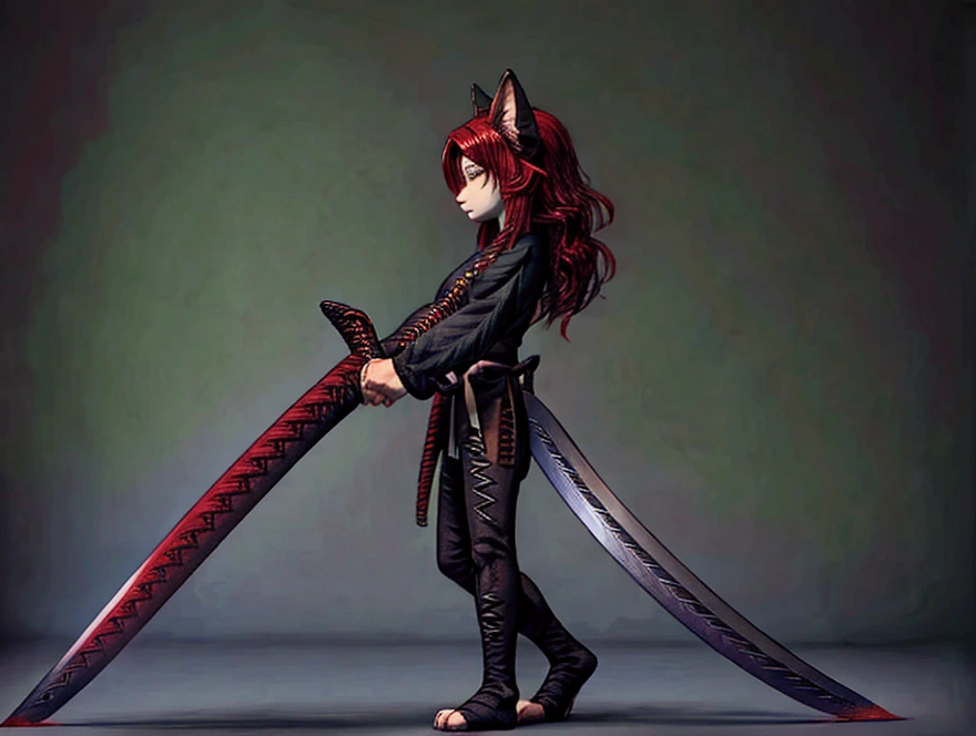 ((((full body)))),kunoichi, neko, girl, fur body, dark color fur, fluffy fur, pointy cat ears, long curly cat tail, absurdly long cherry hair, black eyes, smoke pattern fur, holding a katana, (((katana blade has a beautiful red hamon))), kunoici clothing, katana, holding katana, blood, blood on the wall, blood on the floor, blood splatter on clothing, blood splatter on skin