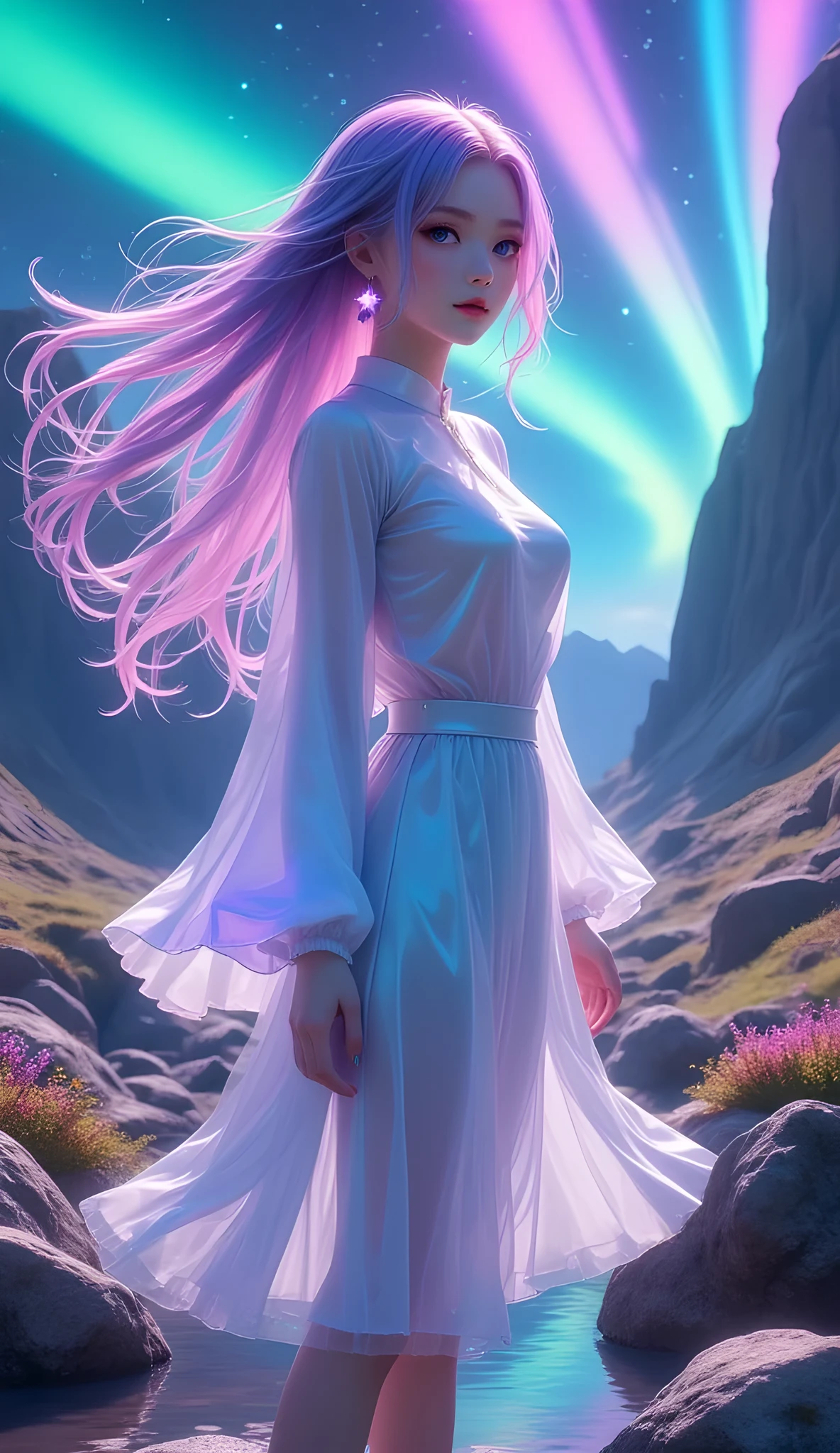 1girl, solo, colorful, beautiful, realistic, aurora ,full body,  beautiful scenery 