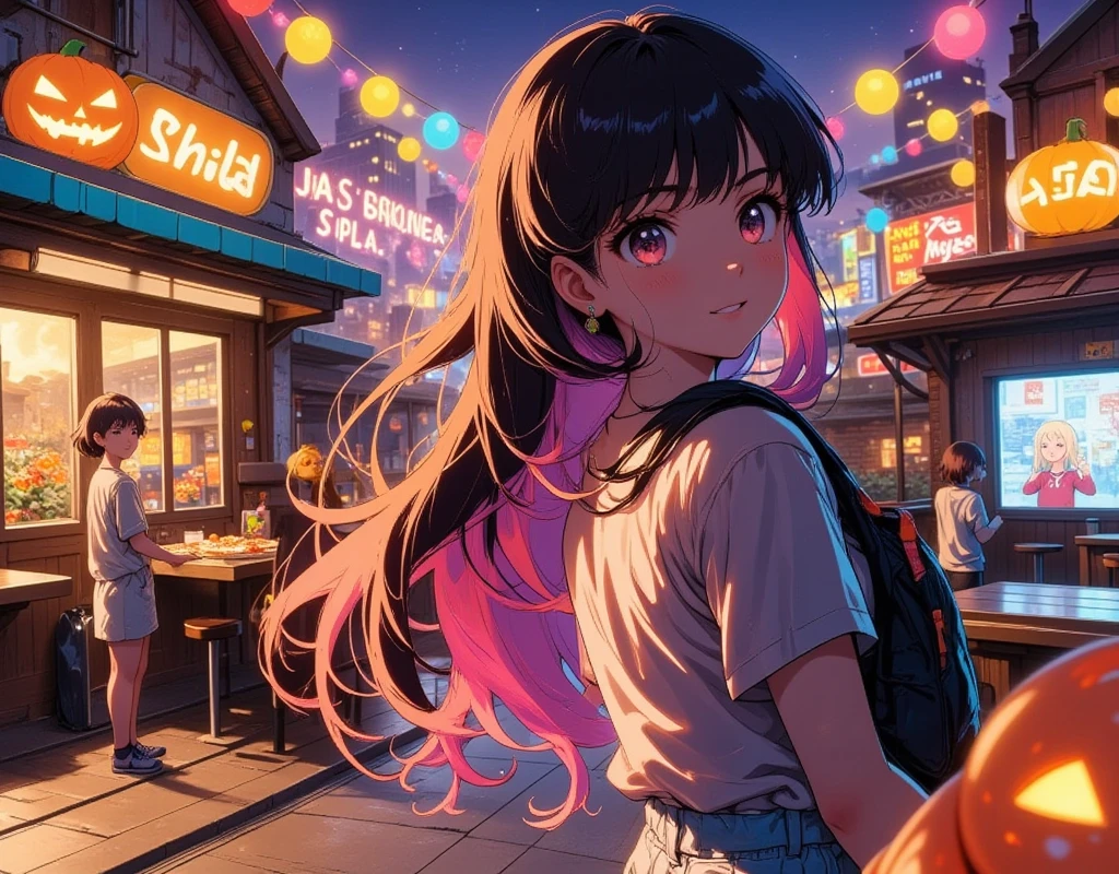 (1980s anime style with perfect light detail), 1girl,colorful long hair, solo,Halloween night , halloween pumpkins, boy and girl ren comendo pizzas, Jogando Arcade Video Games, sorrindo e falando, lugar divertido, imagem colorida, 8k, highes definition, high resolutions, circunstanciado, 50mm lens, bokeh ligths