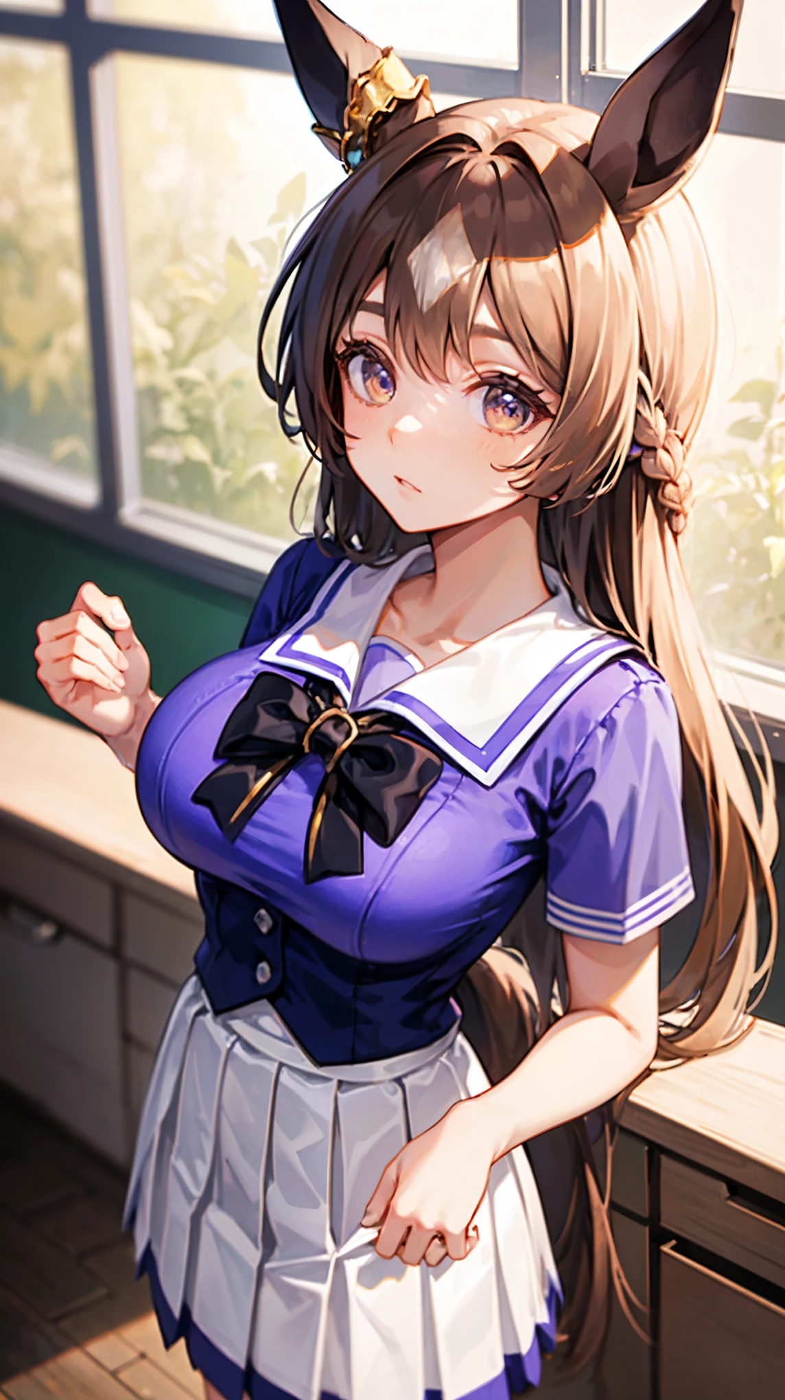 8k high resolution (Super detailed), masterpiece, (Best Quality), Anime Style　Detailed eyes, Detailed face　Detailed hands　Fine hair　Very detailed body、Fine skin　 finely sculpted body and hands 　1 girl bbsato long hair, Half Up, Braids, Eyebrow hair, Animal Ears, earrings, Horse tail, Torresen uniform , Sailor collar, Purple bow tie, Purple Shirt, Sailor suit, Short sleeve,  pleated skirt , White Skirt, Thighs　(Huge breasts)　classroom　View here　Composition looking up from below　Fluttering skirt