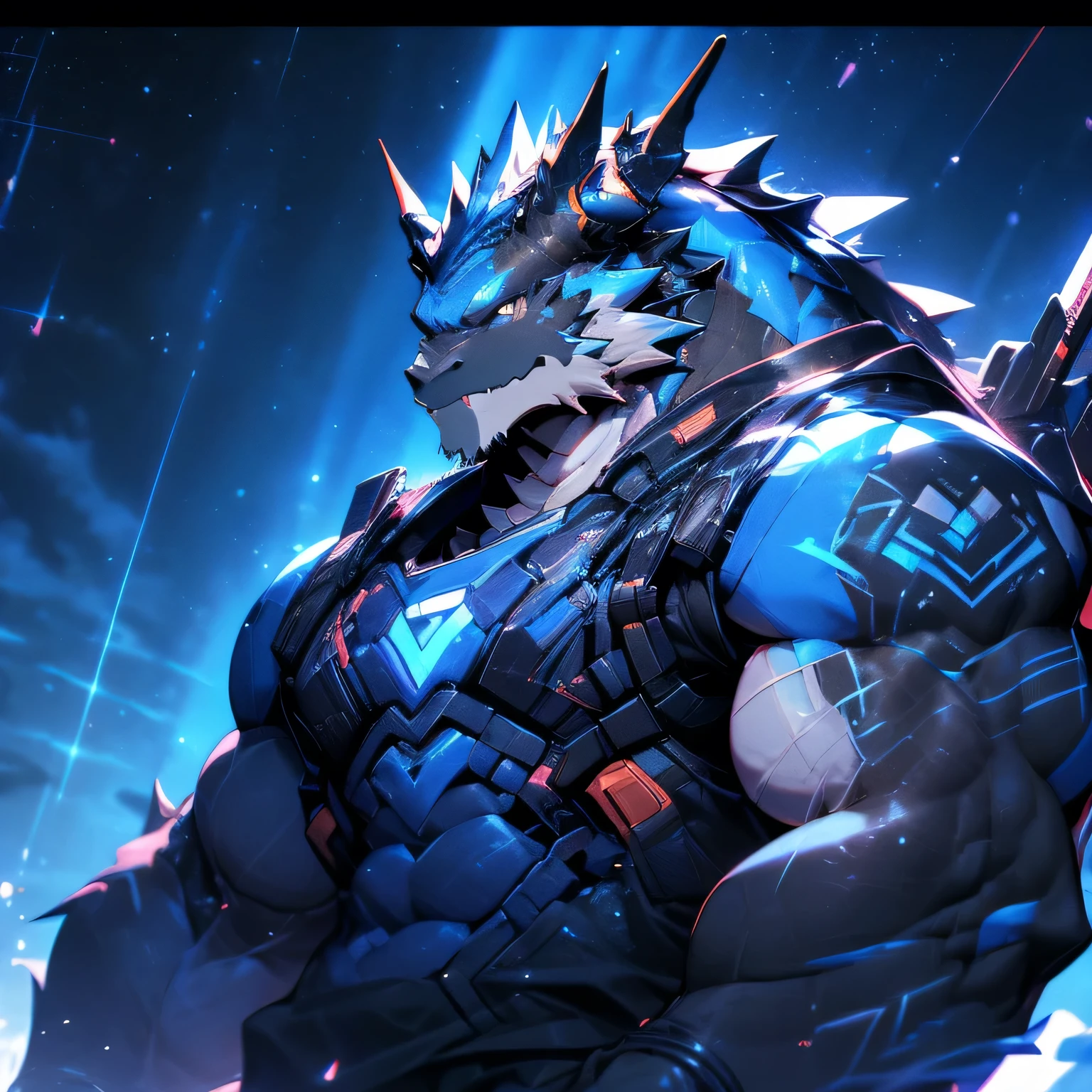 Muscular black dragon, pectoralis major, Heavyweight, Bodybuildegure , Wearing a cyberpunk mech, skirt, Large lumps, Staring at the Milky Way , In the Universe, smiley emoji, sparkling Skin, bright colors , 4K, Realism, Cool Lighting
