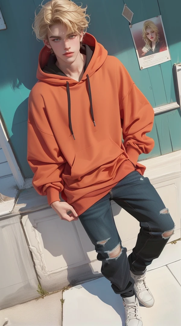 boy teenager with red hoodie and jeans. black hair. smiling