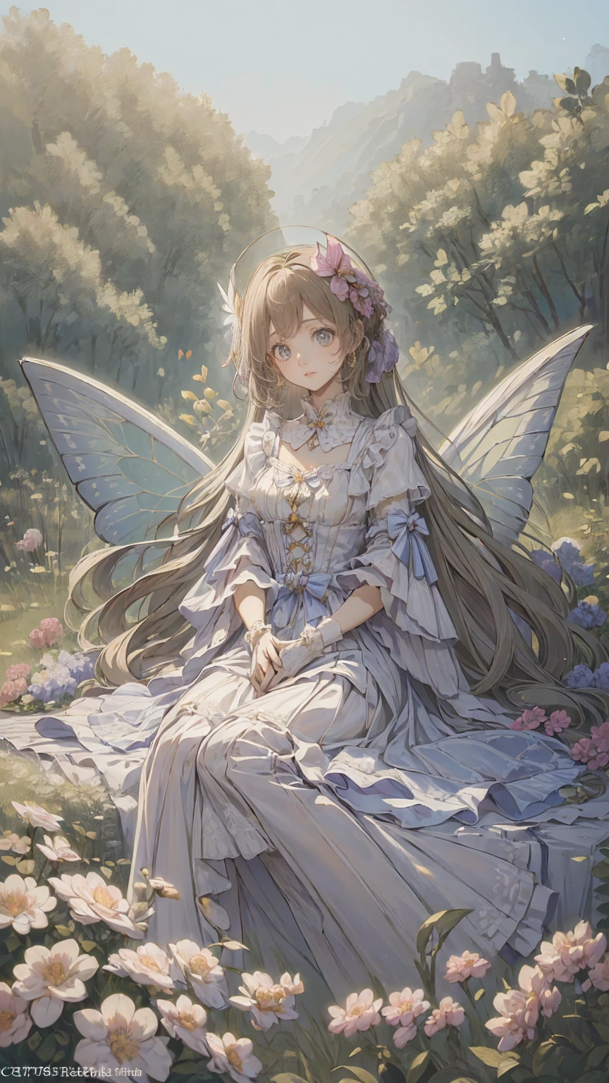 (masterpiece: 1.2), ( very detailed: 1.2), ( very detailed CG: 1.2), (High image quality: 1.2), (最High image quality), 8k,  anime illustration, Girl sitting in a flower field,A butterfly with a slightly sad expression々View、((There&#39;s a butterfly on my finger々))、Butterflies fluttering々dance、Beautiful work
