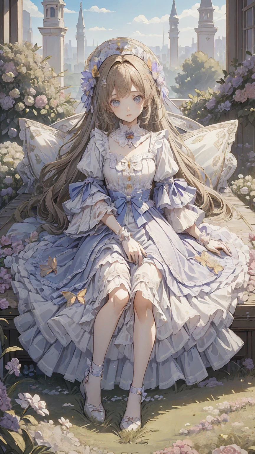 (masterpiece: 1.2), ( very detailed: 1.2), ( very detailed CG: 1.2), (High image quality: 1.2), (最High image quality), 8k,  anime illustration, Girl sitting in a flower field,A butterfly with a slightly sad expression々View、((There&#39;s a butterfly on my finger々))、Butterflies fluttering々dance、Beautiful work
