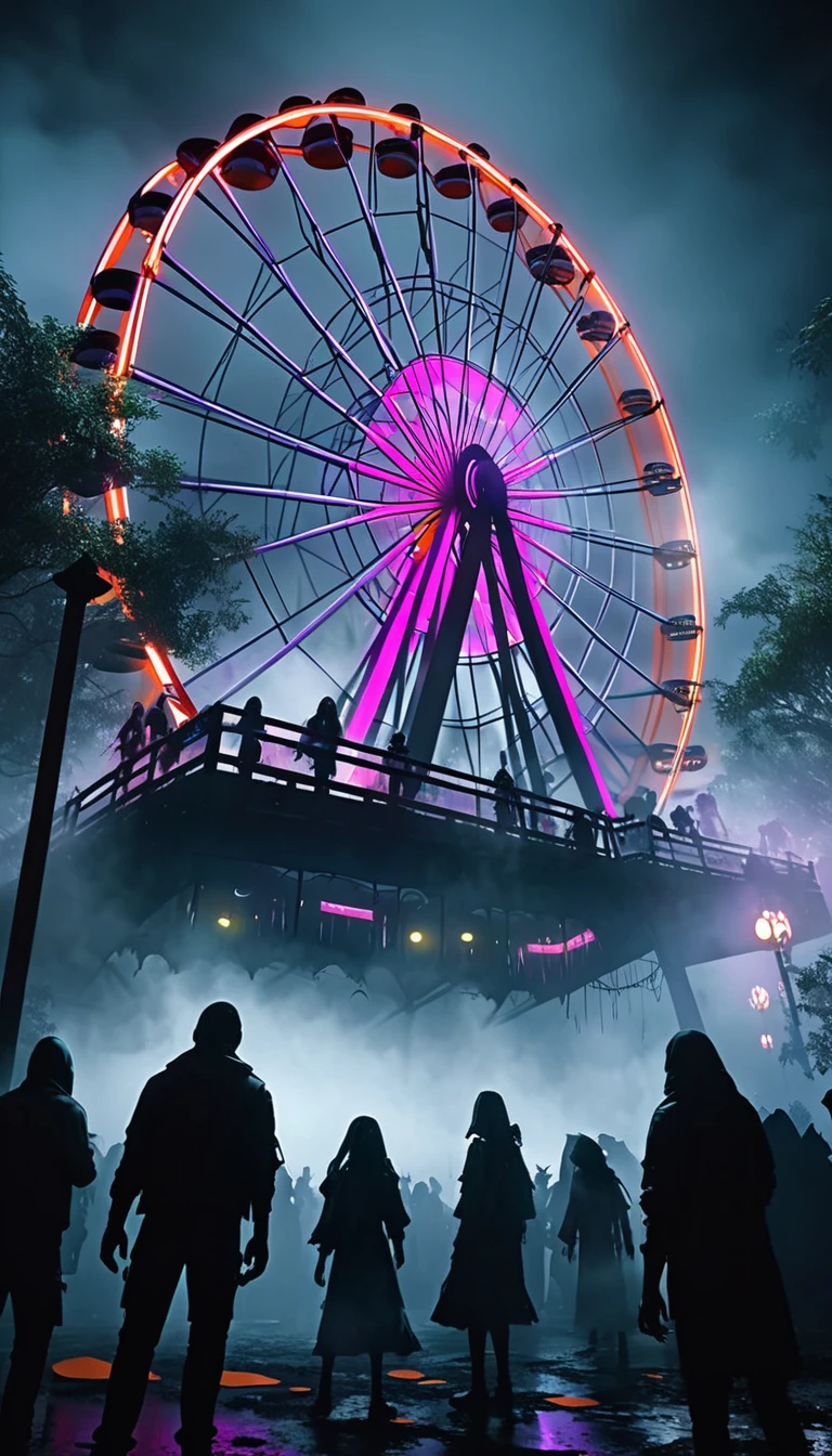 A Halloween night carnival set in a spooky amusement park, with people fleeing from zombies and killers. The scene is shrouded in mist, with a brightly lit Ferris wheel and roller coaster standing out against the dark, eerie background. The perspective is from below, looking up, capturing the entire park in a cyberpunk style. The atmosphere is filled with fear and tension, enhanced by the neon lights cutting through the fog.(best quality:1.2), octan render, ultimately realistic all details, 8k, highres, (masterpiece)