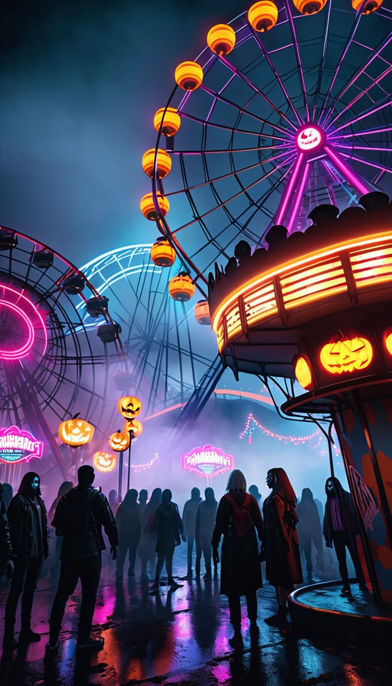 A Halloween night carnival set in a spooky amusement park, with people fleeing from zombies and killers. The scene is shrouded in mist, with a brightly lit Ferris wheel and roller coaster standing out against the dark, eerie background. The perspective is from below, looking up, capturing the entire park in a cyberpunk style. The atmosphere is filled with fear and tension, enhanced by the neon lights cutting through the fog.(best quality:1.2), octan render, ultimately realistic all details, 8k, highres, (masterpiece)