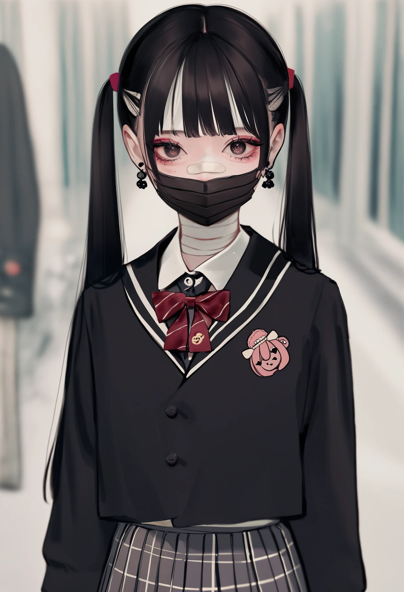 score_9, score_8_up, score_7_up, score_9, 1girl, Bad girl, black hair, black mask, earrings, eyeshadow, long eyelashes, black short skirt, school uniform, black clothes, detailed eyes, long twintails, long bangs , red tattoos background, blurry, black mask, Mask,master piece,high quality,cute,❤️🖤💗💔🤕❤️‍🩹,4K,8K,3DMM,depressive, Adhesive Bandage, bandages on body and face ,Kawaii,Yamikawa,🖤❤️‍🩹🎀🩹💞🥺🥺🥺💔🖤,master piece,high quality,cute,❤️🖤💗💔🤕❤️‍🩹,4K,8K