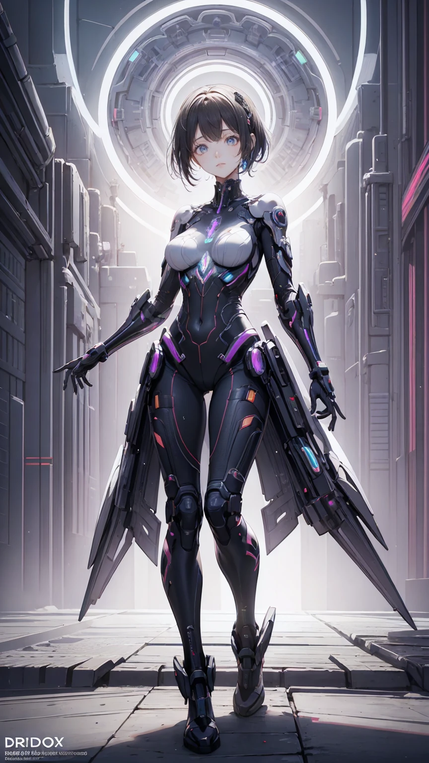 、The whole body is visible、Full body view、Head to toe depiction、beautiful, Luminous futuristic woman, Complex Circuits, Neon-like colors,  cyberpunk style , Advanced Technology,  digital art, Advanced Details, Realistic, Dramatic lighting,  dynamic poses , Mysterious, Mysterious, Fascinating
