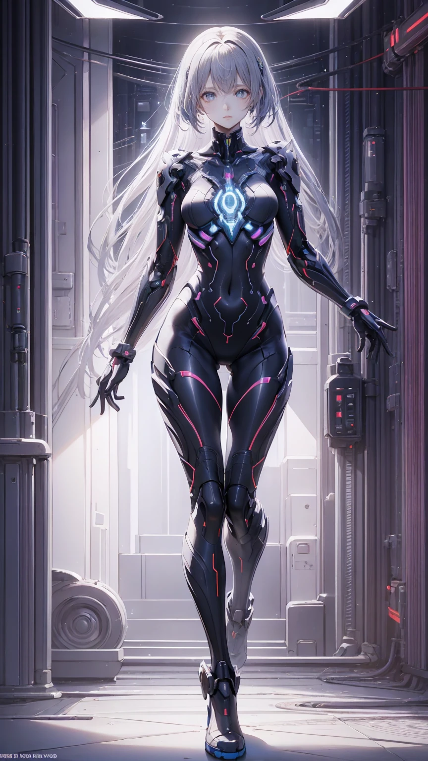 、The whole body is visible、Full body view、Head to toe depiction、beautiful, Luminous futuristic woman, Complex Circuits, Neon-like colors,  cyberpunk style , Advanced Technology,  digital art, Advanced Details, Realistic, Dramatic lighting,  dynamic poses , Mysterious, Mysterious, Fascinating
