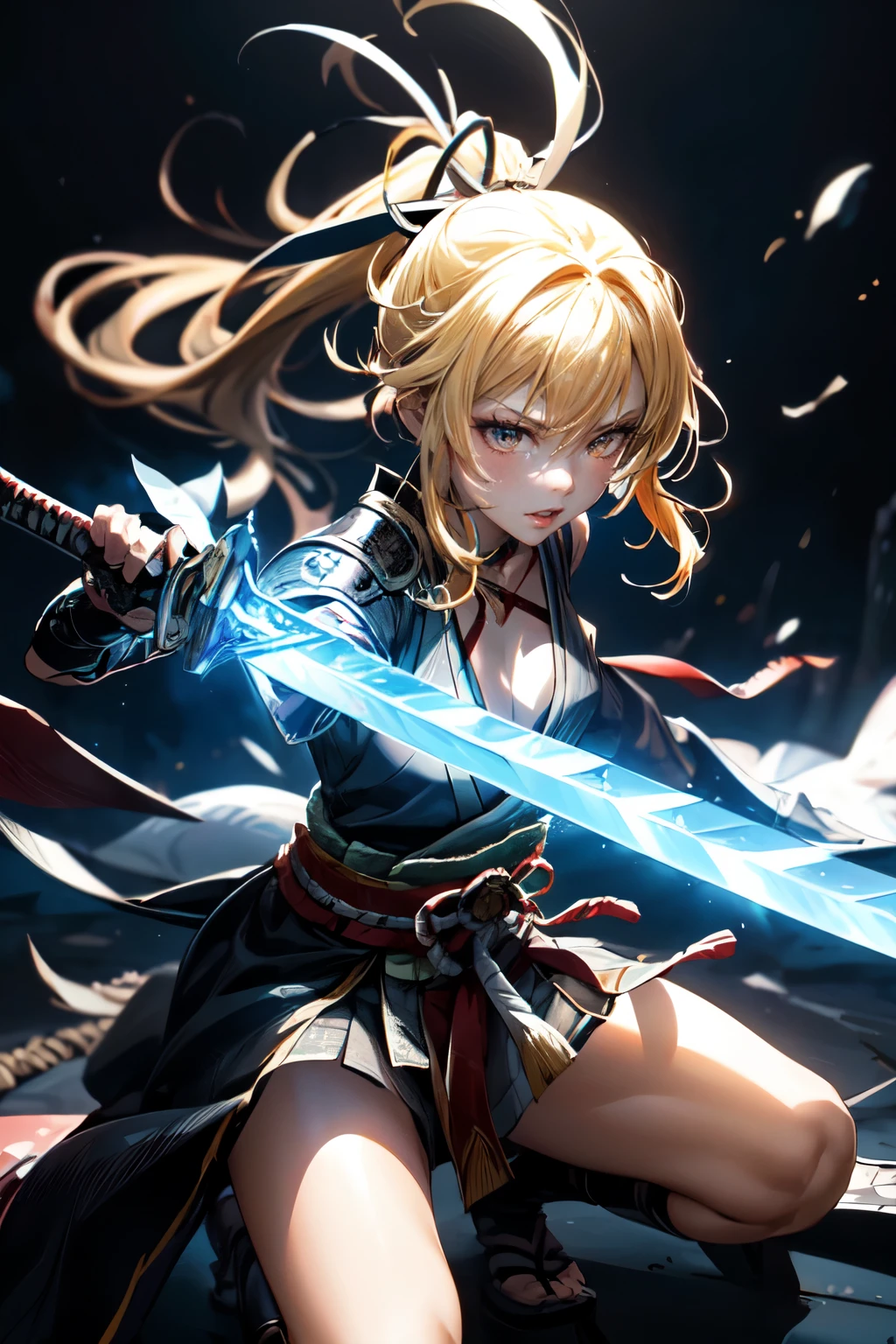 One Girl,anime,Anatomically correct, A series of character actions,,ponytail, masterpiece, Textured Skin, Action Painting, Heavy makeup, Brown Skin,Perfect Face,Perfect Eyes,samurai,samurai,Sengoku Warlordsの鎧,Waist Armor,A blow with a sword,Small breasts,Thin thighs,Combat with enemies,Calm expression,Flame Attribute,Yellow Hair,Sengoku Warlords,Battle of Sekigahara,Glowing sword effect,transparent sword